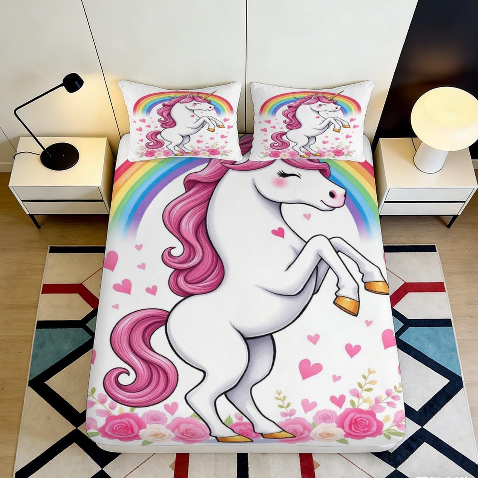 3D Printed Unicorn Rainbow Fitted Sheet Microfiber Soft Breathable Heart Pattern Bed Cover for Bedroom Dormitory Guest Room Mattress Protection 140x200x25cm