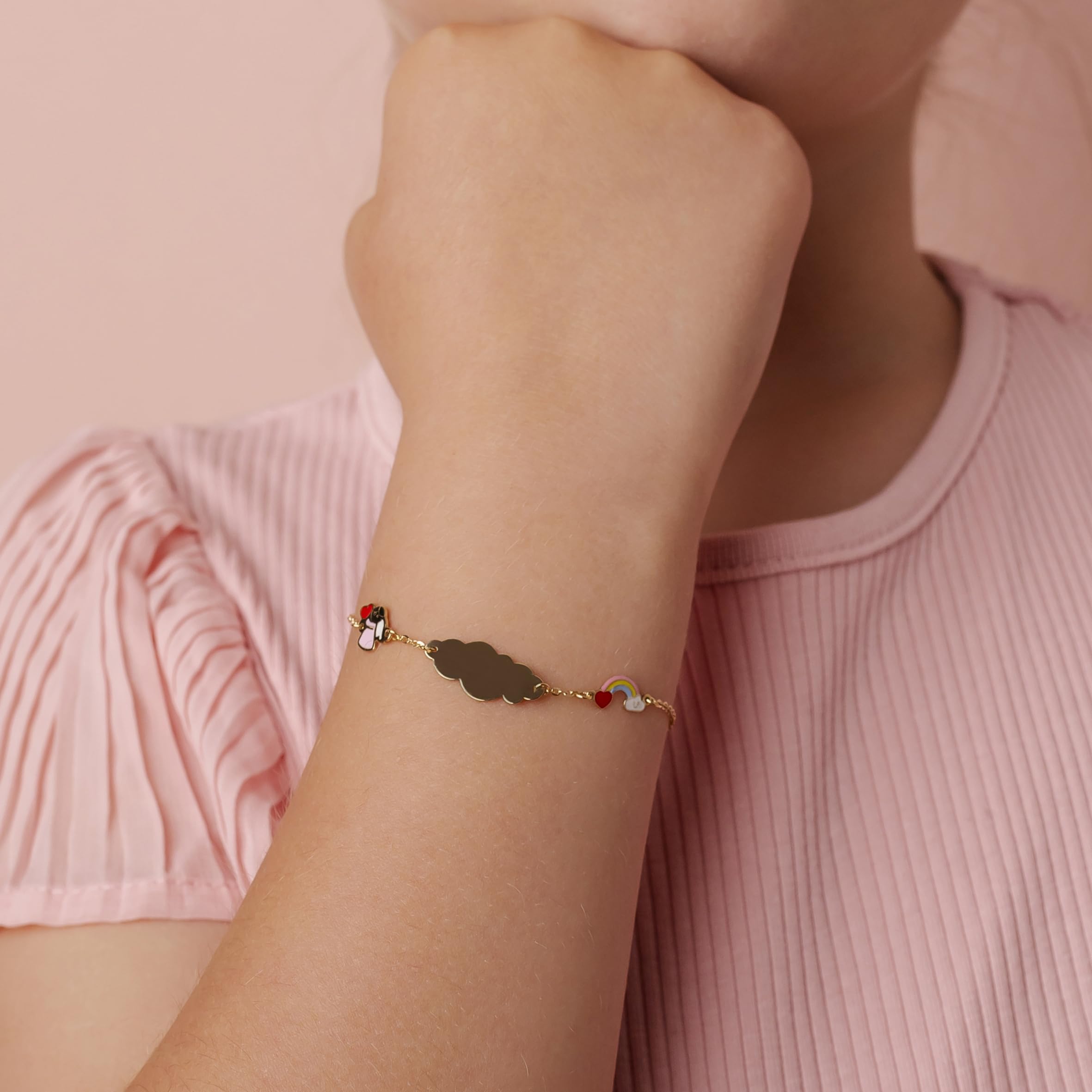 Sakrami Pulsera de Oro Grabable Ángel y Arco Iris para Niños Colección Infantil + Caja de Regalo Personalizada - Pulsera para Nacimientos Comuniones Bautizos Cumpleaños
