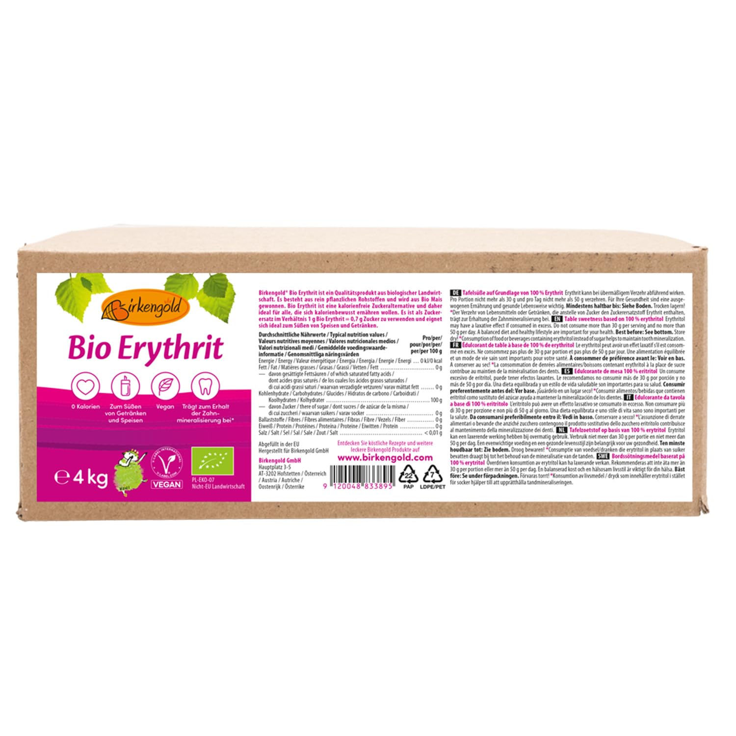 Birkengold Bio Erythrit, 4kg Beutel | aus biologischer Landwirtschaft | kalorienfreier Zuckerersatz| schmeckt wie Zucker | vegan | zahnfreundlich | glykämischer Index von 0