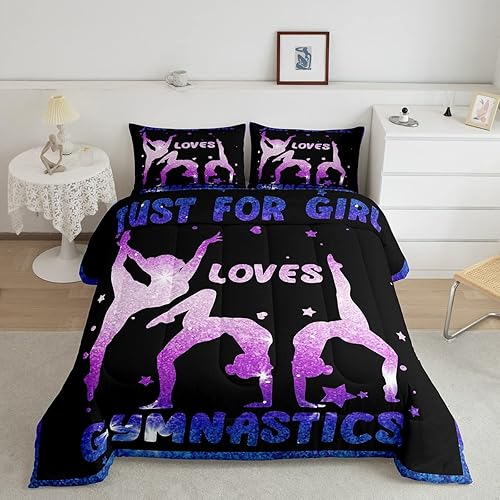 Erosebridal Juego de edredón de gimnasia para niñas, tamaño individual, romántico, estrella, purpurina, para dormitorio, color morado, 2 piezas,