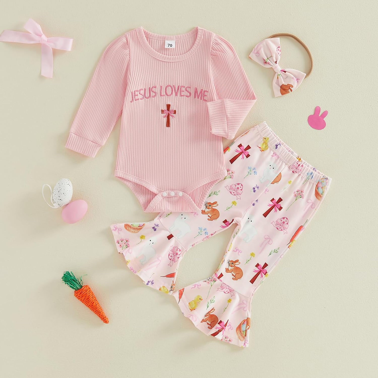Twopumpkin My First Easter Baby Girl Outfit Newborn Infant Bunny Romper And Bell Bottoms Ribbed Outfits With Heanband