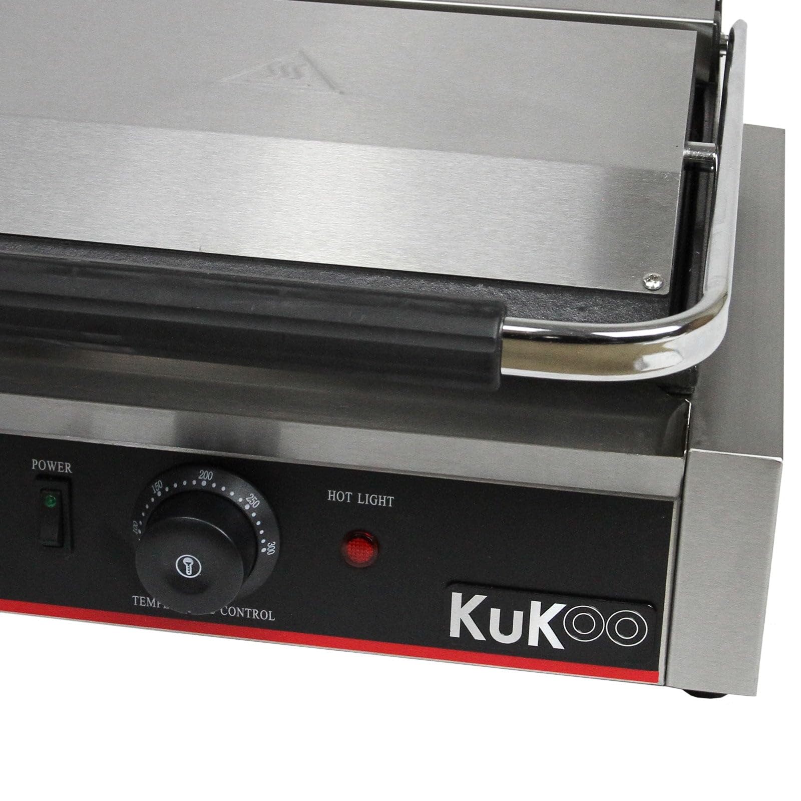 KuKoo - Piastra per Panini Professionale con Griglia Rigata, 2200W, 50-300°C, Acciaio Inox e Griglia in Ghisa per Hamburger, Sandwich con Spazzola Gratis