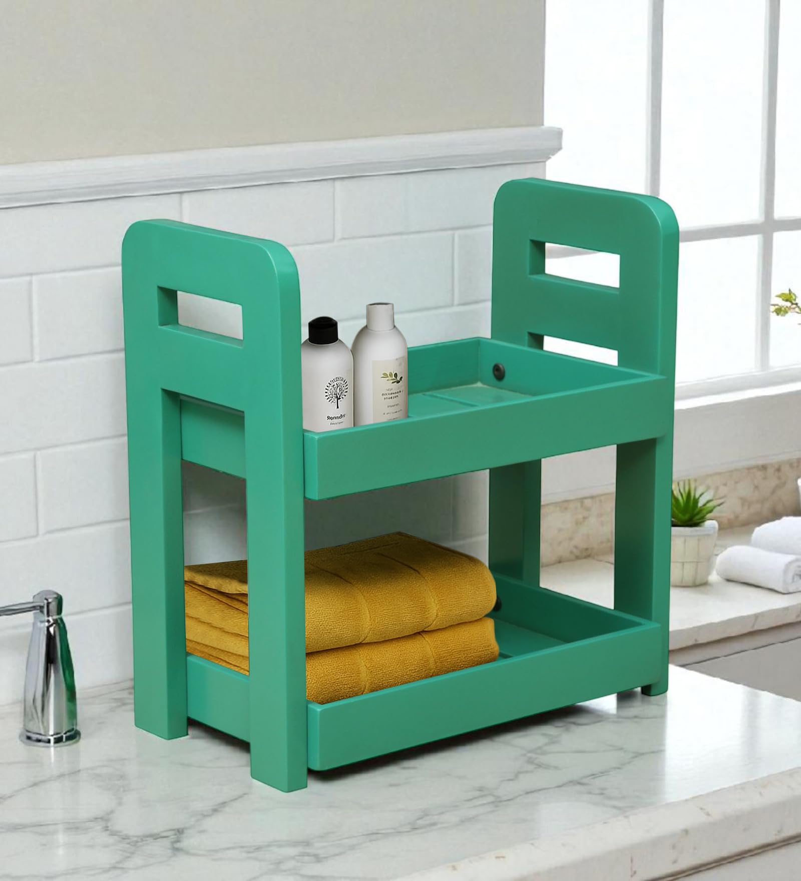 Wood Curls 2-Tier Wooden Countertop Storage Rack – Turquoise Color Wood Organizer for Kitchen, Bathroom & Office (Dimensions:34 L x 20 W x 35.5 H cm)-image-37