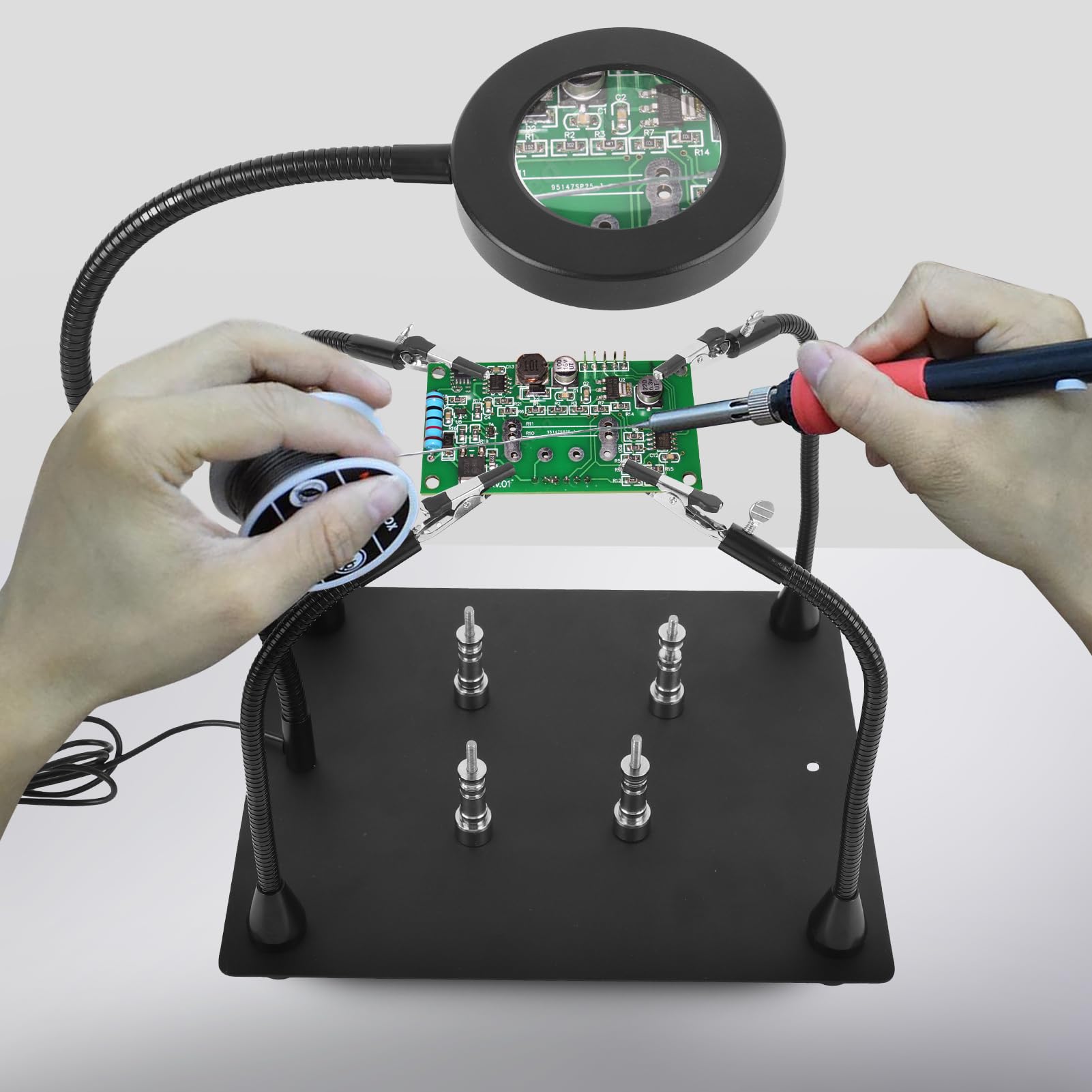 Loupe Soudure, Station de Soudage, Troisieme Main avec Lampe Loupe 6x, Bras Aimantés Flexibles, Support de Carte de Circuit Imprimé, Base en Métal Robuste pour Soudure Electronique