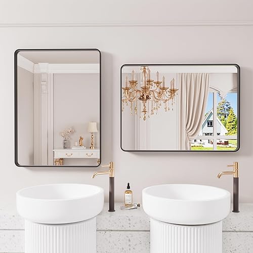 Miniatura 40 de Espejo de baño dorado, 48 x 30 pulgadas, espejo de marco de metal dorado cepillado para pared, espejo rectangular redondeado de tocador de baño