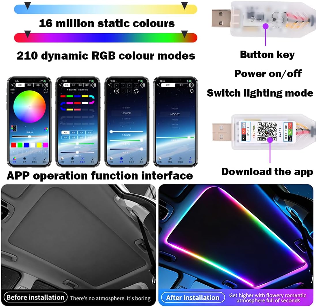 Dreamcolor Acrylic Interior Car LED Bar Light,Interior Car LED Bar Light,USB Powered Car LED Light Strip Dynamic Dream Color Chase,RGB Dynamic Chase Music Synchronous Neon Car Ambient Light