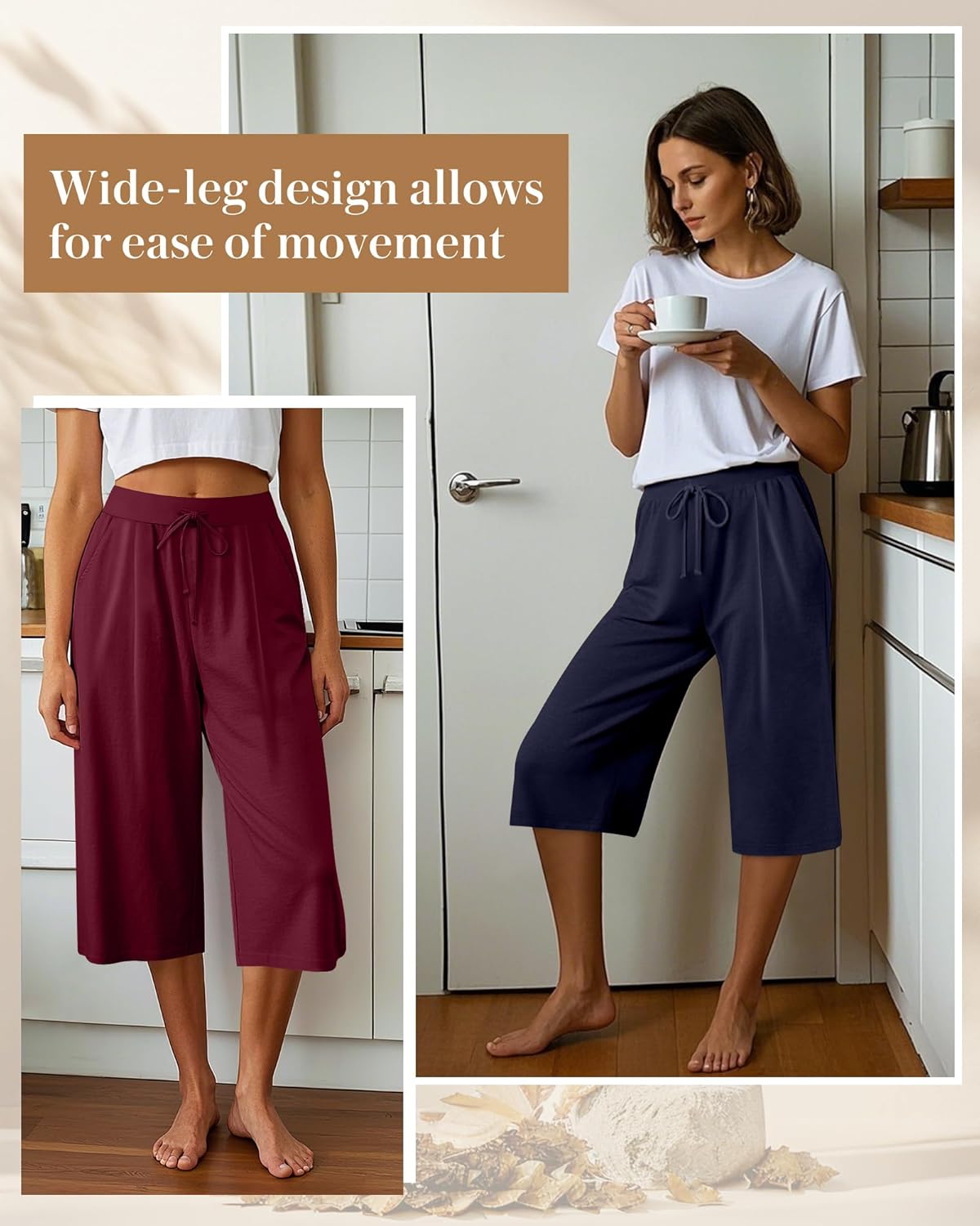 3 Pack Women's Capri Pants, Casual Wide Leg Yoga Pants High Waist Drawstring Cropped Lounge Trousers with Pockets - Image 5