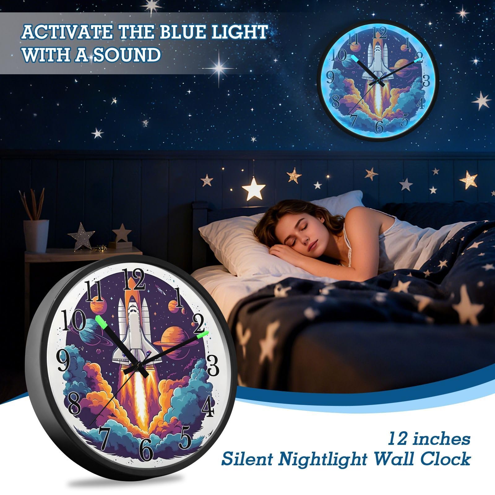 Mnsruu Reloj de pared luminoso, reloj de pared con diseño de cohete de galaxia espacial, brilla en la oscuridad, funciona con pilas, silencioso, sin tictac, luz nocturna para dormitorio