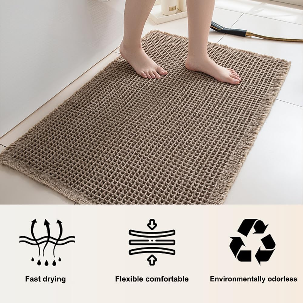 Waffle Bath Mat, Boho Bathroom Rugs Non Slip Washable, Ultra Soft Absorbent Quick Dry Farmhouse Rubber-Backed Bath Mat, Suitable for Bathroom (Off White, 24" x 72" (Runner))
