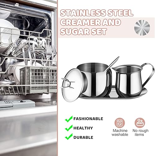 Miniatura 5 de Juego de crema y azucarero de acero inoxidable, taza de leche con leche, jarra de crema y azucarero con tapa, bandeja para cuchara para café, juego