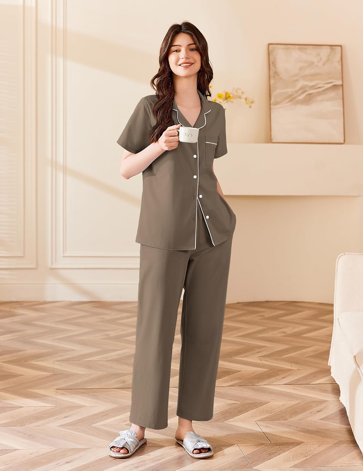 Ekouaer Women's 100% Cotton Pajamas Set Short Sleeve Button Down Pjs 2 Piece Soft Sleepwear with Long Pants Lounge Set - Image 3