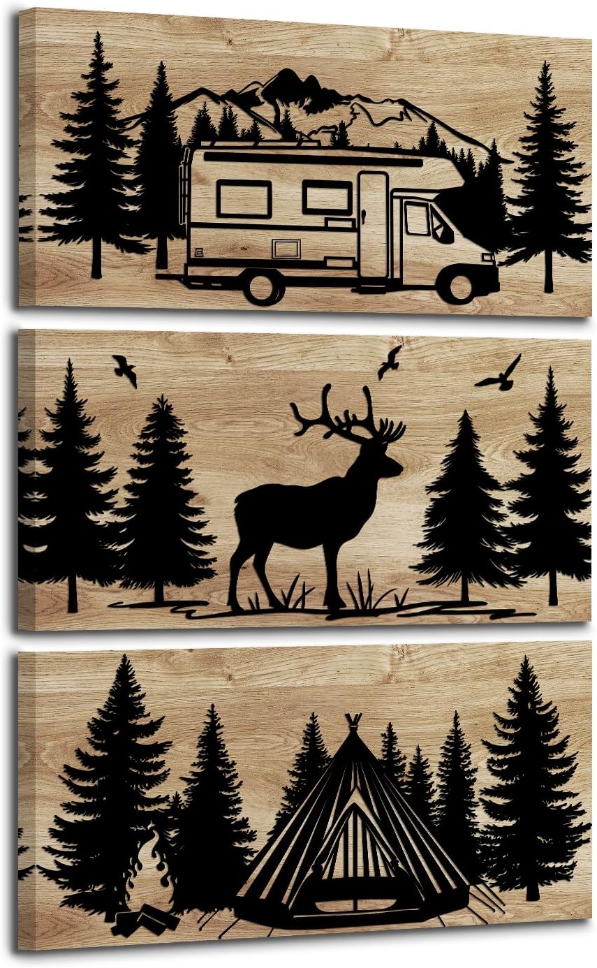 HOMEOART Camping Wall Art Deer Pictures for Cabin Decor, Rustic Farmhouse Bathroom Bedroom Living Room Decoration, Framed 8x16inchx3Pieces