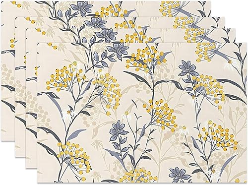 Juego de 4 manteles individuales de lino de algodón de lino lavable de temporada con diseño de pájaro azul para fiesta, cocina, comedor, decoración