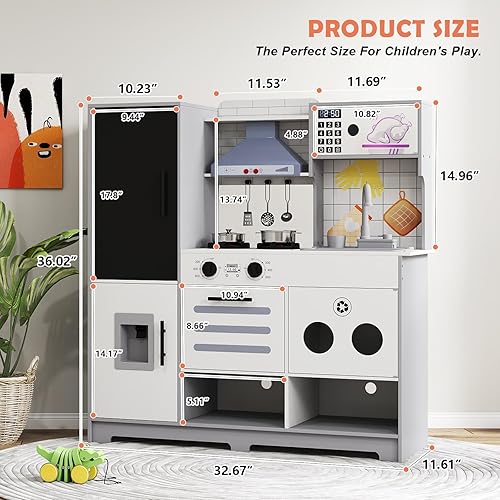 Miniatura 2 de JOYDIAS - Juego de cocina para niños, juego de cocina de madera con sonido y luz, horno, máquina de hielo, pizarra y cubo de reciclaje, cocina para