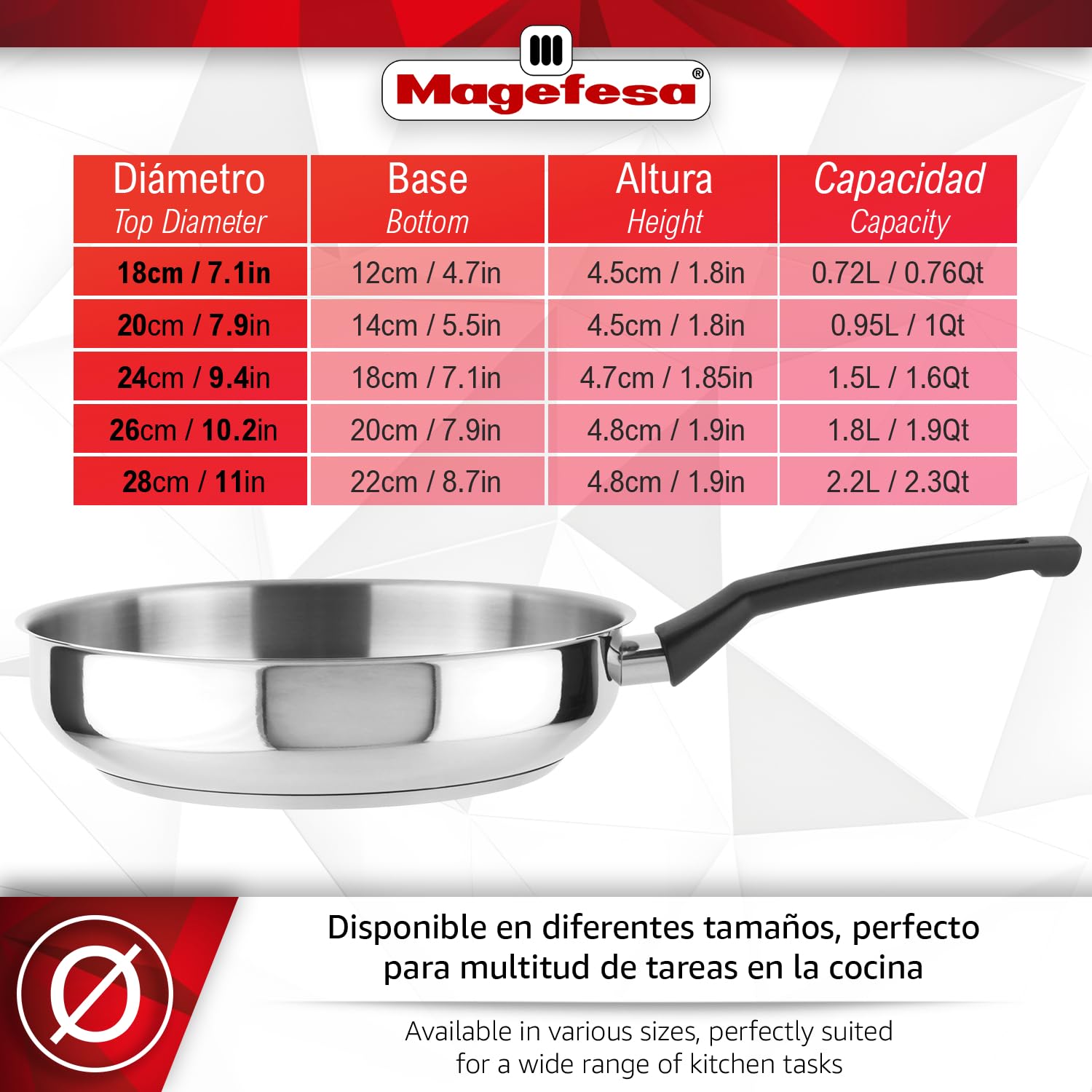 Magefesa Essencial Inox - Padella Argentata 18 cm Di Acciaio Inossidabile, Senza Rivestimento Né Antiaderente, Ecologica, Tutti I Tipi Di Cucine, Induzione