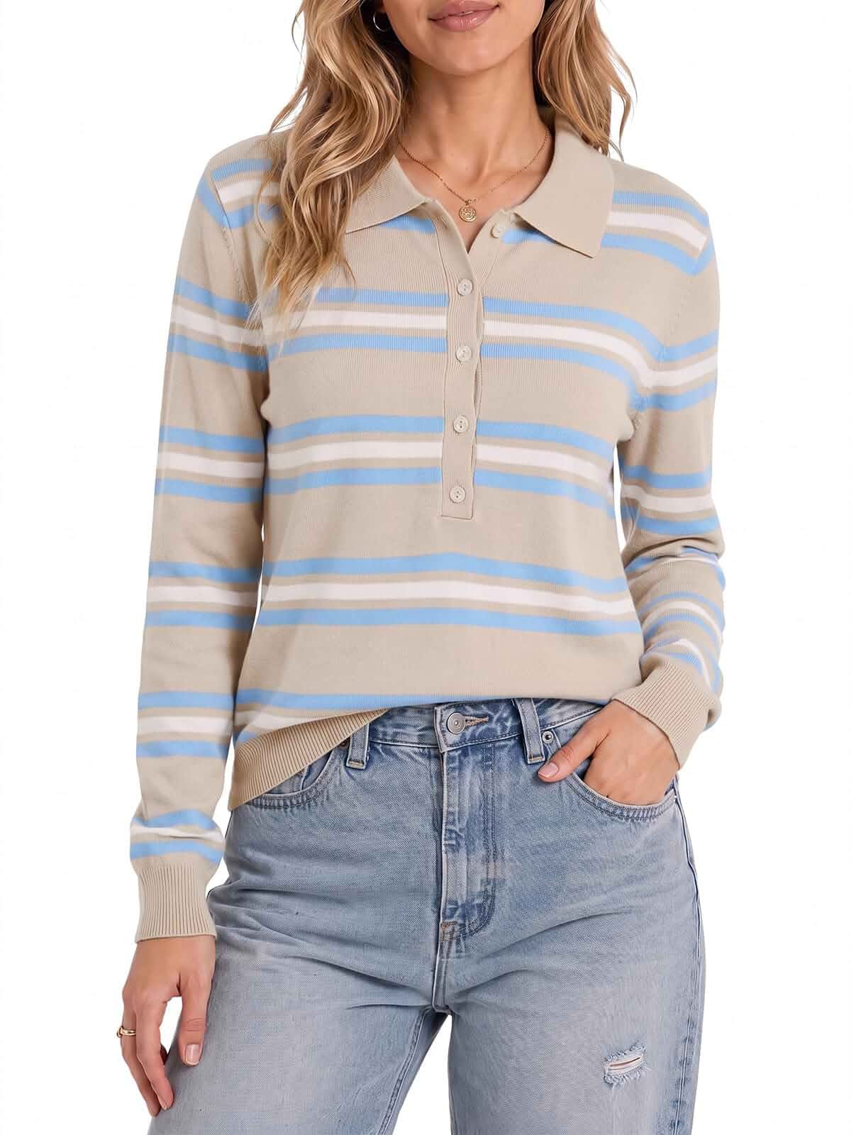Imily Bela Polo Shirts For Women Long Sleeve Striped Fall Knit Sweater Polo Collar,Half Button Down,Ribbed Cuffs & Hem,Trendy Fashion Clothes