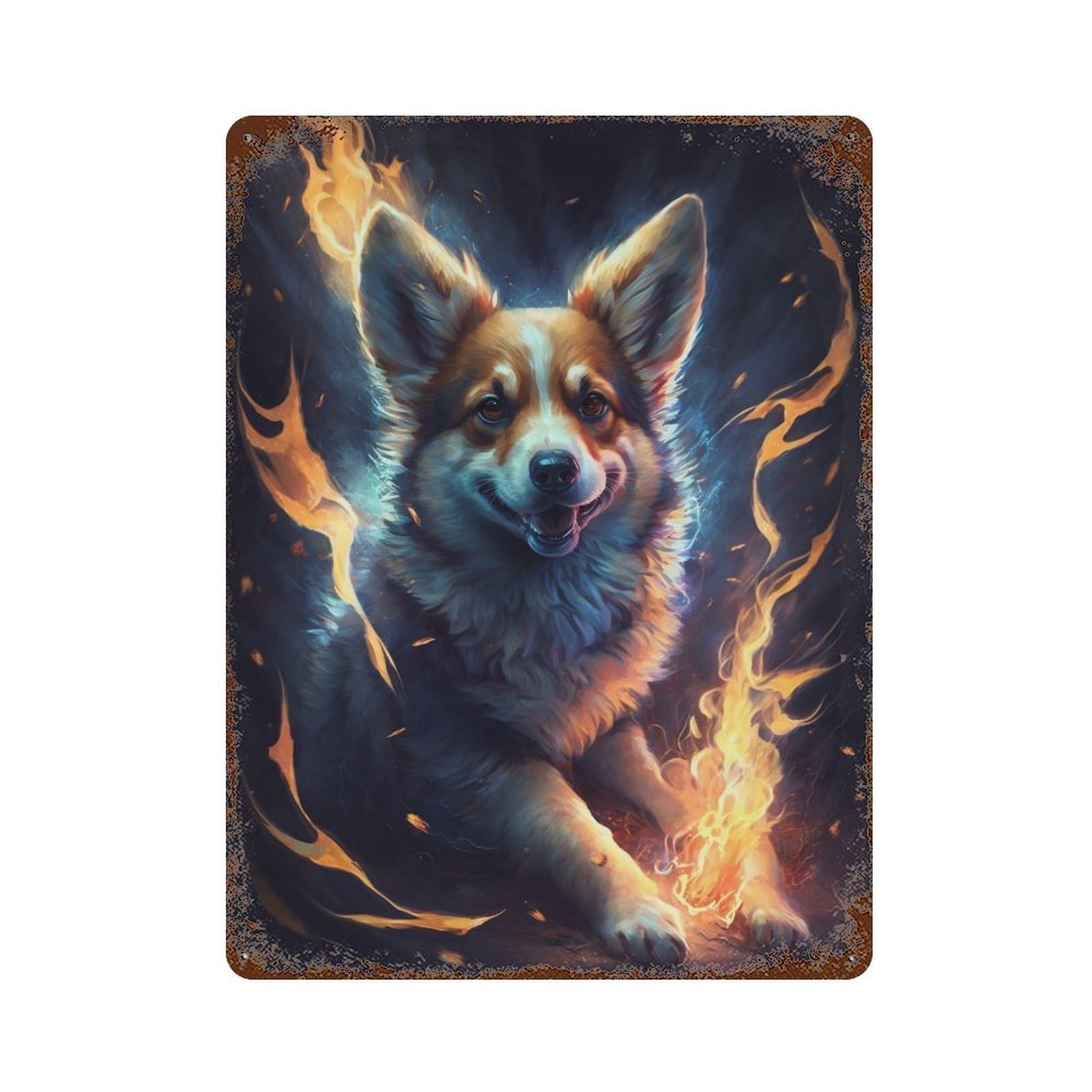 Rust Effect Flaming Corgi Art Print Rusty Metal Tin Sign 15.7"x11.8", Decorative Metal Wall Art for Farmhouse, Kitchen And Entryway Decor