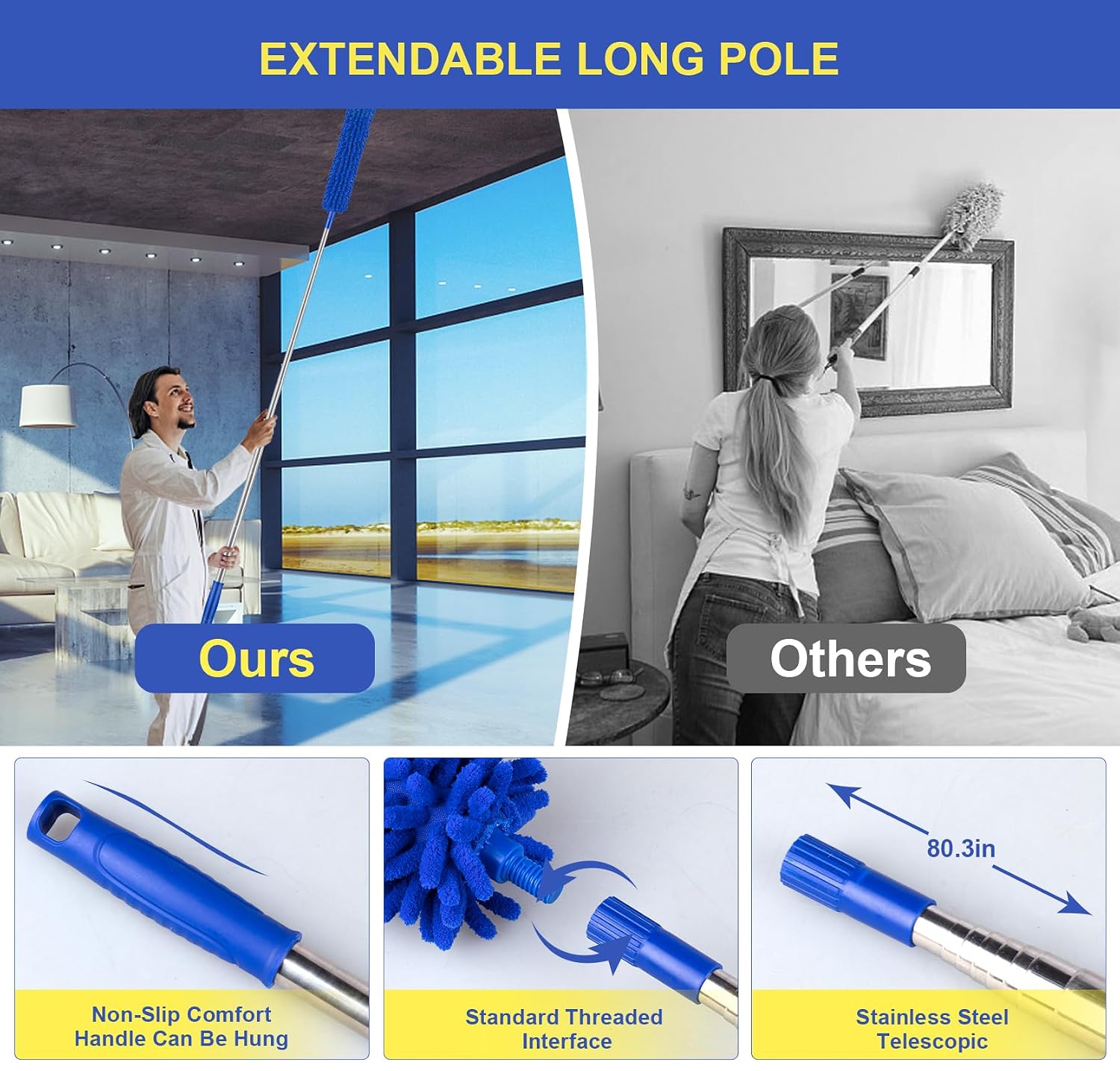 Dusters for Cleaning, Newliton Duster with Extension Pole Microfiber Ceiling Fan Cobweb Duster, Long Duster for High Ceilings Wall Refrigerator Appliance Baseboard Home... - Image 3