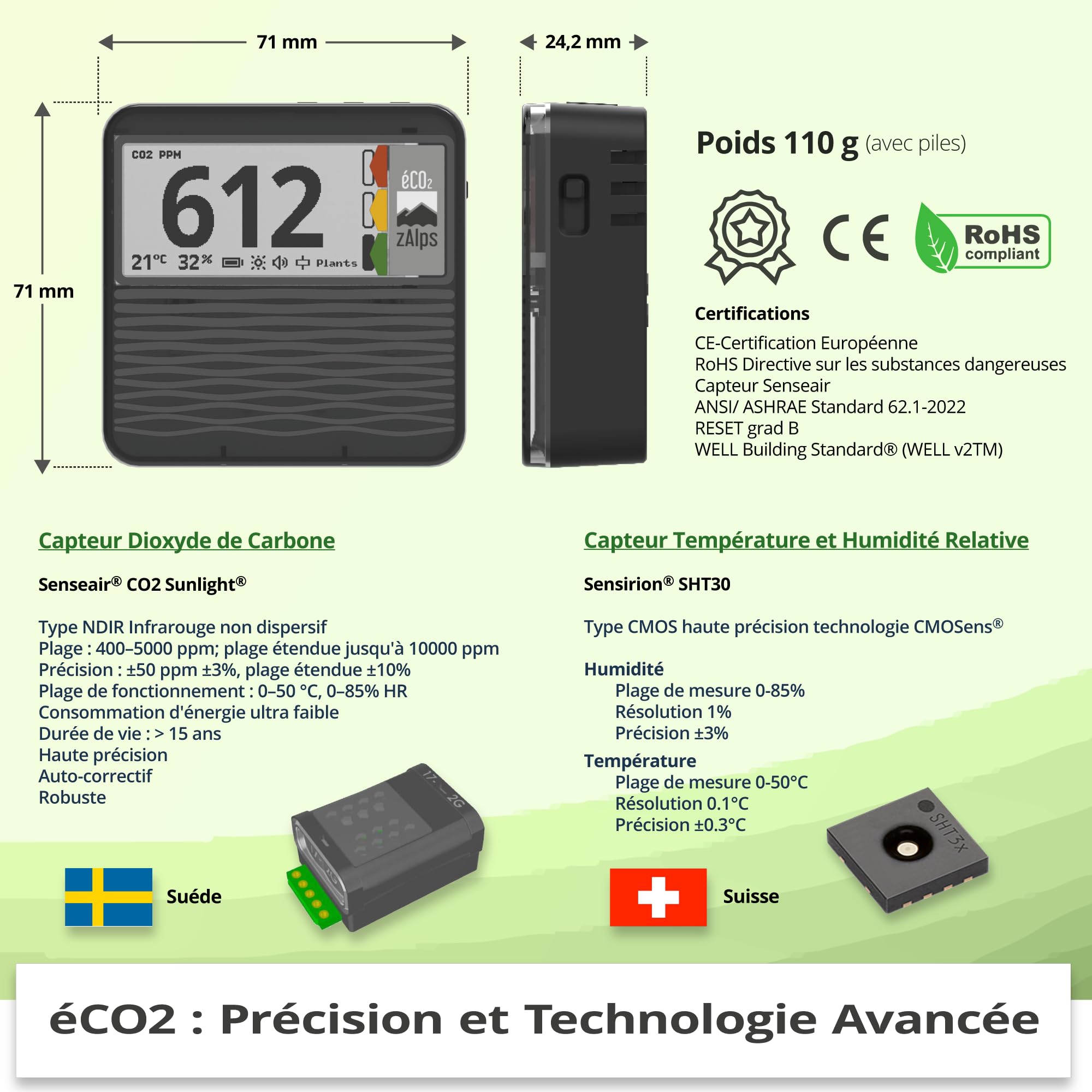 éCO2 - Moniteur de Qualité de l'Air Intérieur - Détecteur CO2 Précis et Durable - Capteur CO2, Température et Humidité - Autonome et Portable - Parfait pour Maison/Bureau/École