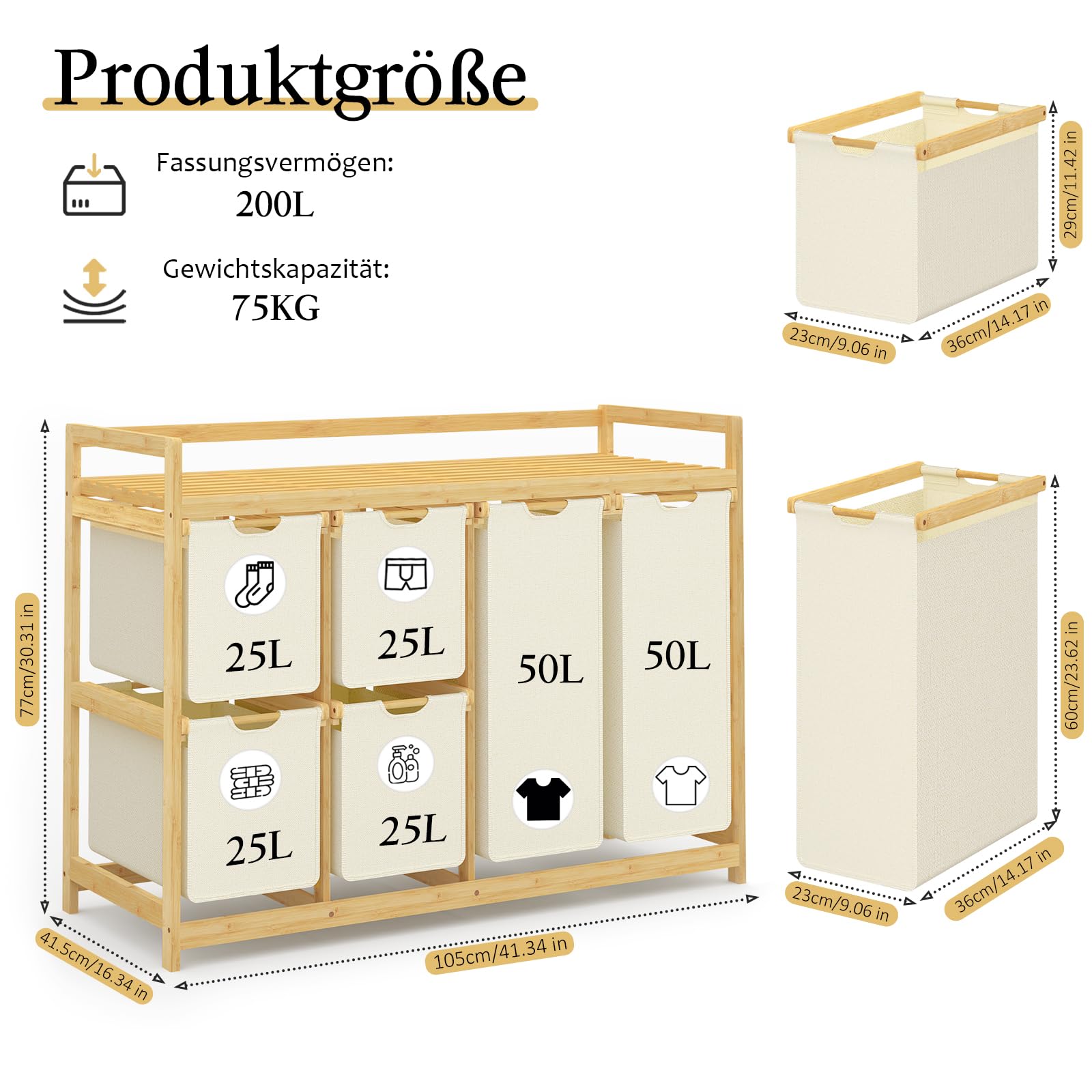 efluky 200L Wäschekorb 6 Fächer, Große Wäschesammler mit Korb Wäschesortierer mit 2 Wäschesäcken und 4 Stoffboxen, Laundry Basket Wäschebox Bambus Wäscheregal für Badezimmer, Schlafzimmer, Beige