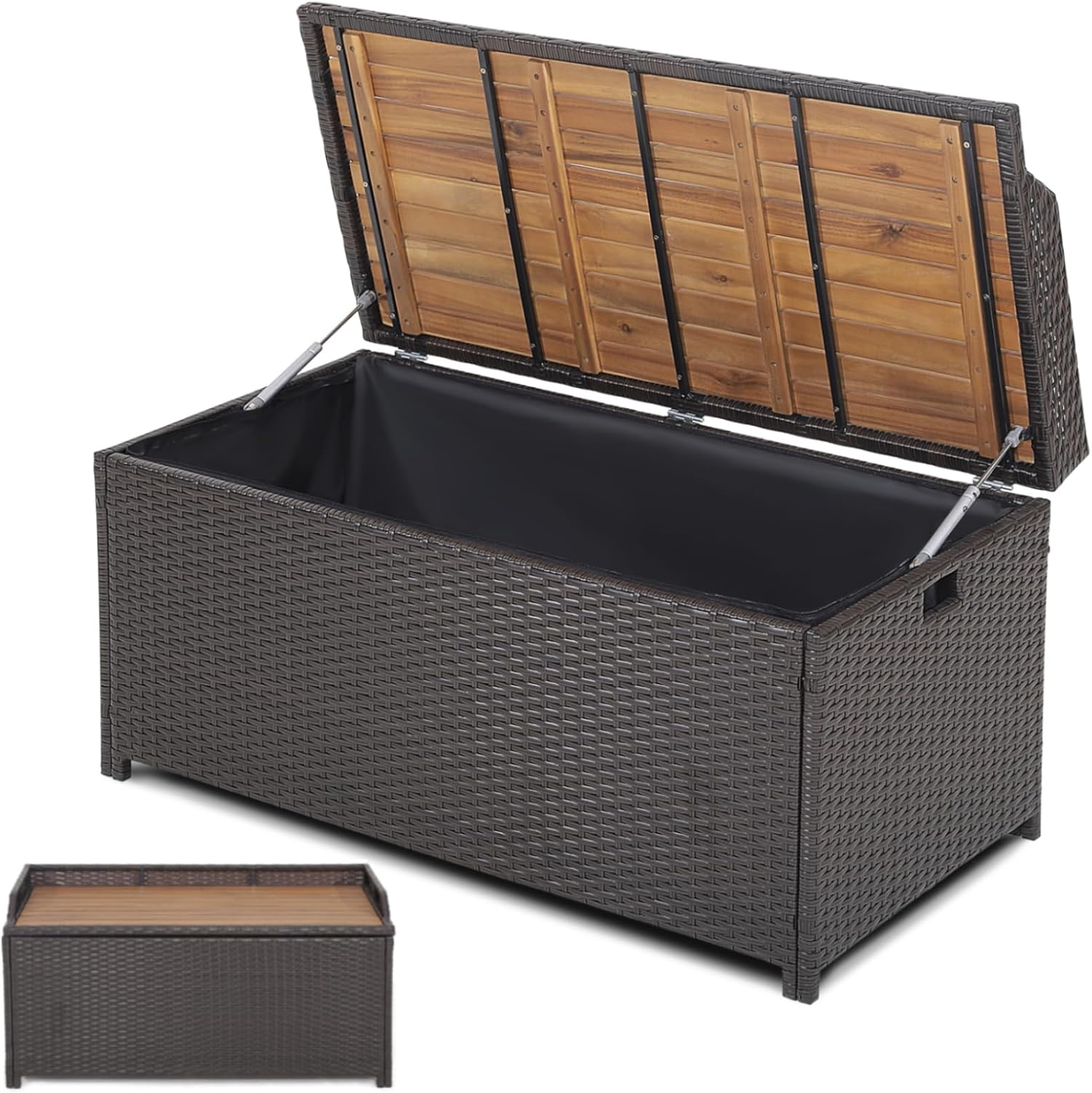 170L Garden Storage Box, Waterproof PE Rattan Outdoor Storage Bench with Acacia Wood Sit-on Lid, Zippered Liner & Gas Struts, Utility Chest Container for Patio Poolside Cushions Tools Toys