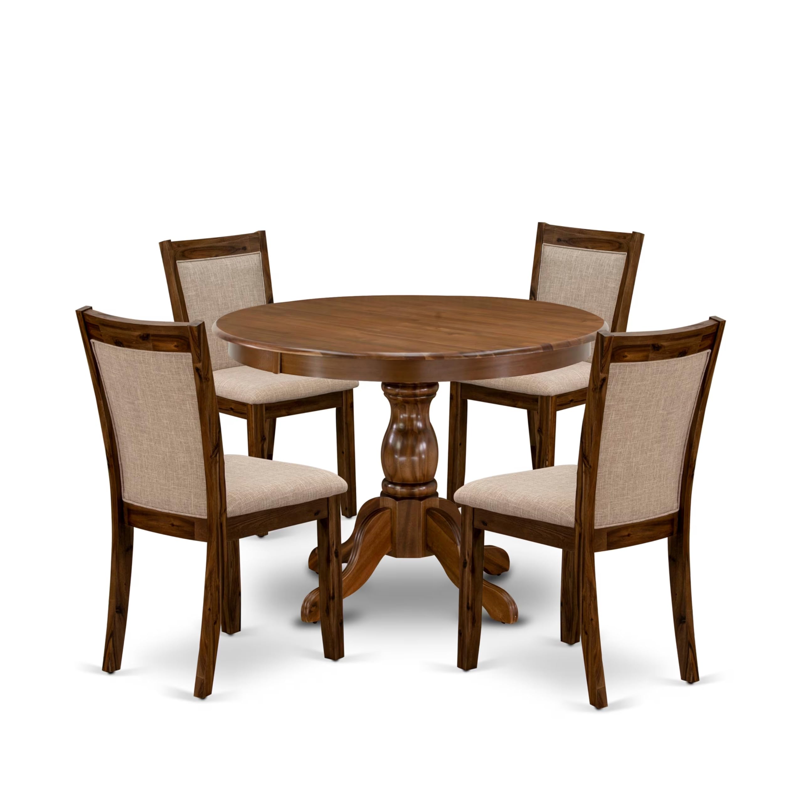 East West Furniture HBMZ5-AWN-04 5 Piece Dining Table Set for 4 Includes a Round Kitchen Table with Pedestal and 4 Light Tan Linen Fabric Parson Dining Chairs, 42x42 Inch, Antique Walnut