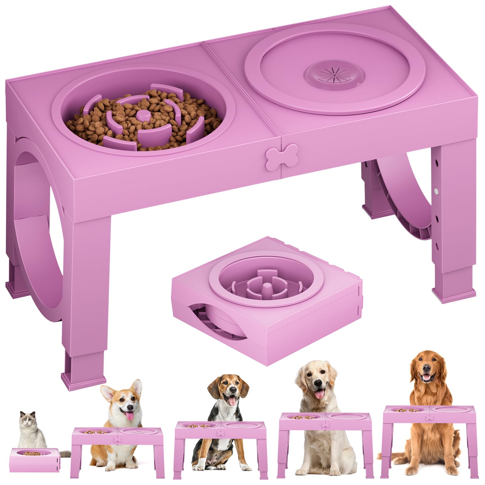 Aystkniet Raised Dog Bowls with Stand Includes Slow Feedding Food Bowl and Spill-proof Water Bowl，5 Height Adjustable Elevated Dog Bowl 8cm/23cm/27cm/31cm/35cm for Medium and Large Dog