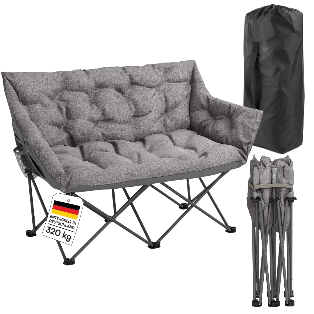 STEELSØN Hoggar Campingstuhl faltbar 2 Personen – Klappstuhl 134cm breit – Camping Sofa mit 2 Seitentaschen & Tragebeutel – Camping Couch 320 kg belastbar – Sitzbank Outdoor - dick gepolstert - grau