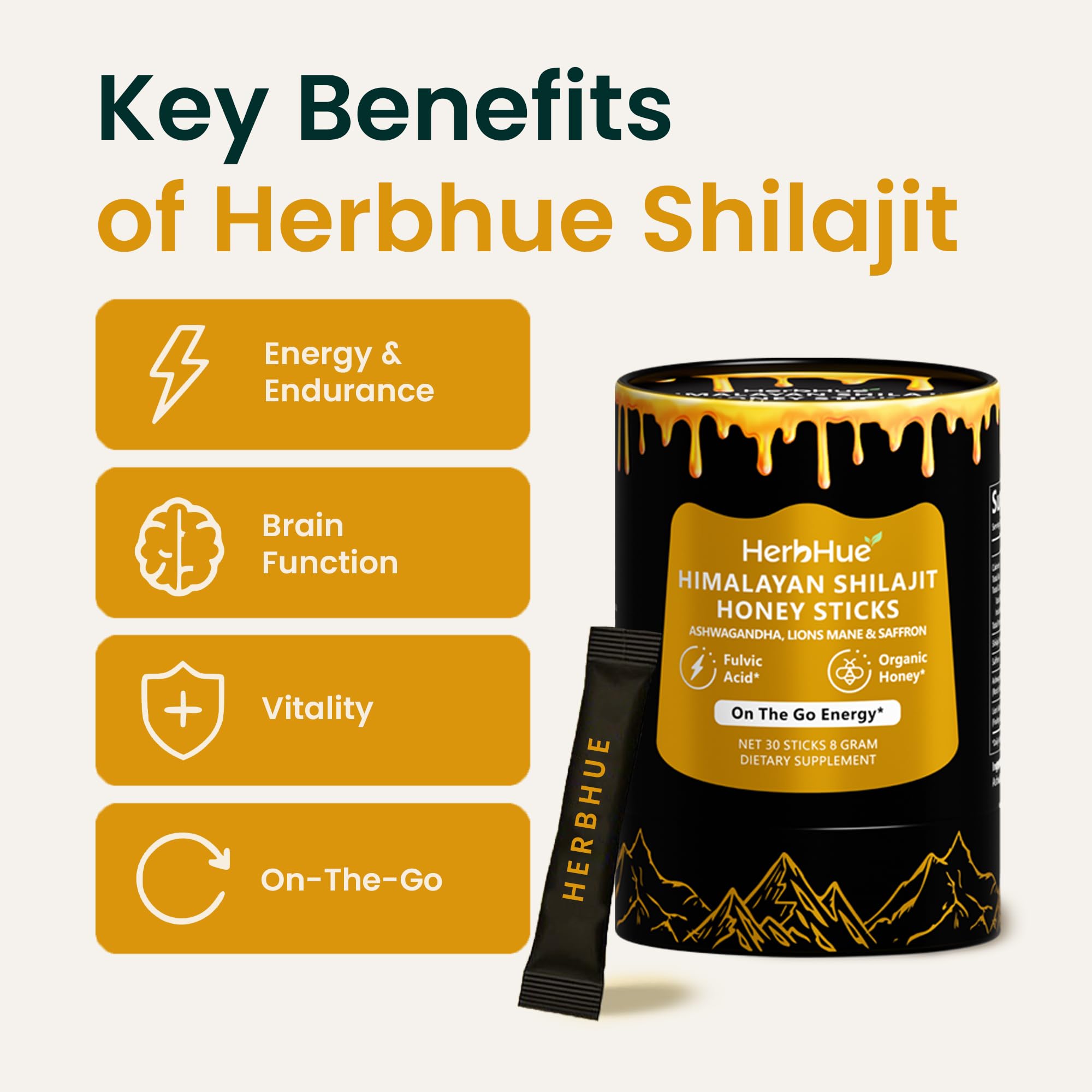 HerbHue - Palitos de shilajit del Himalaya - 30 sobres | 79% de ácido fúlvico | con Ashwagandha, melena de león y azafrán | Mezcla de miel de una sola porción