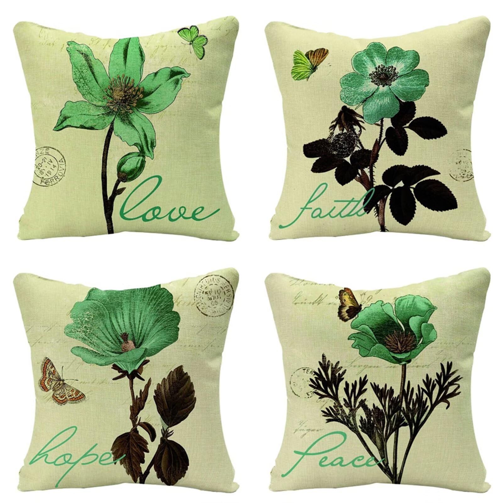 Juego de 4 Impermeable Funda de Cojín Flores Verdes,65x65cm Moderno Suave Transpirables Lino Fundas de Almohada Cojines Decorativos con Cremallera Oculta para Exterior Sofá Cama Coche Hogar