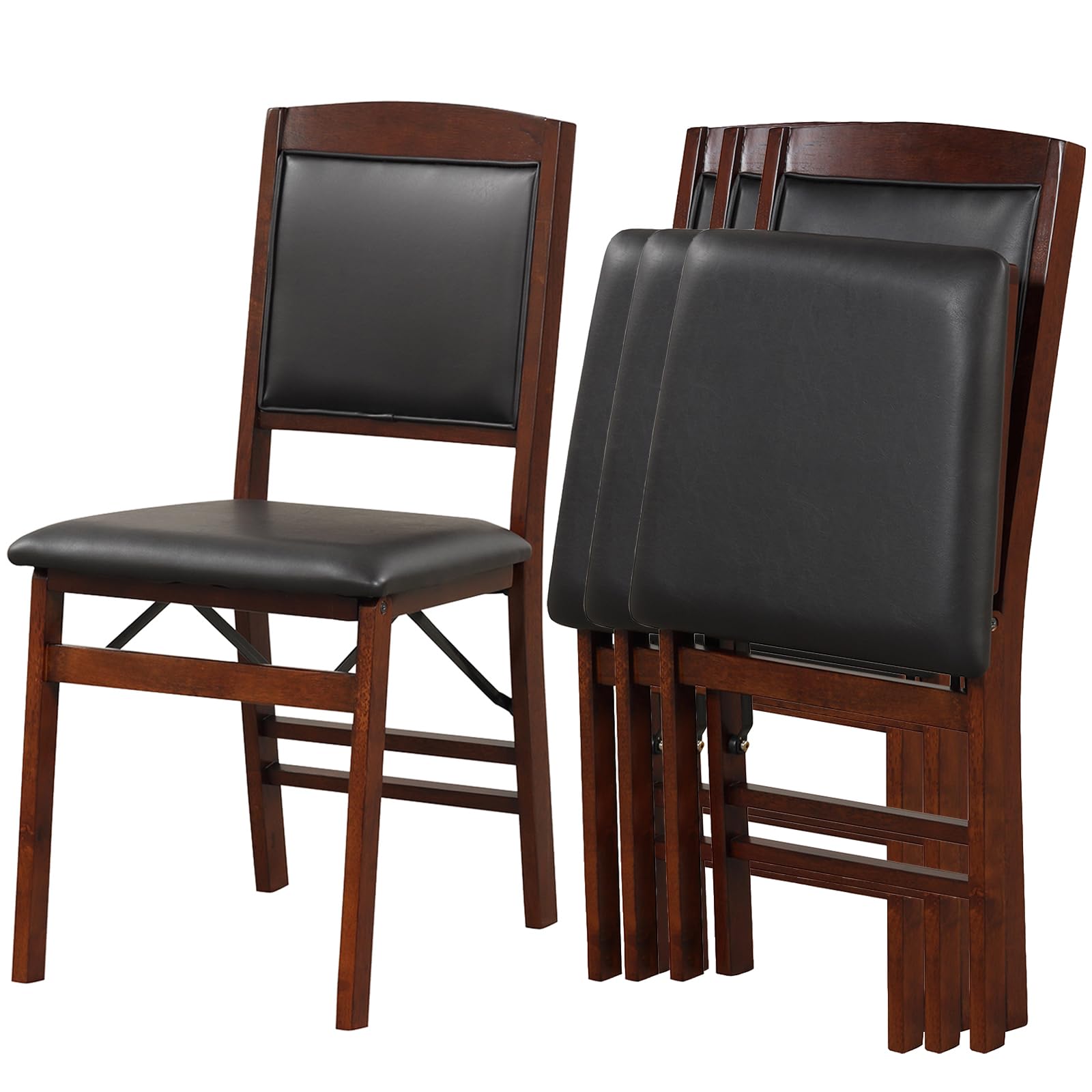 COSTWAY Solid Wood Folding Dining Chairs Set of 4 with Padded Seat, Brown