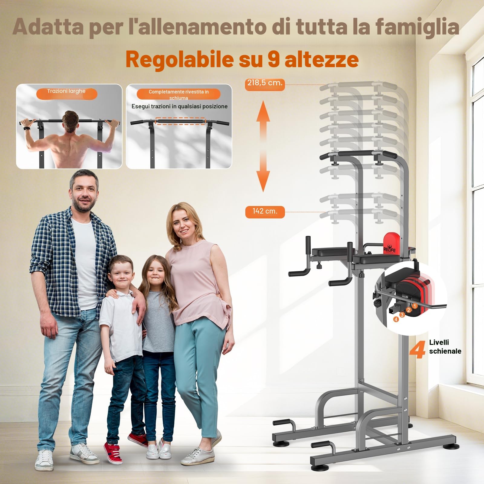 RELIFE REBUILD YOUR LIFE Power Tower Torre per Trazioni Stazione per Dip Sbarra Palestra Allenamento Casa Muscoli Multifunzione Fitness Casa Addominali Forza Attrezzi Pull Up Bar (Grigio)