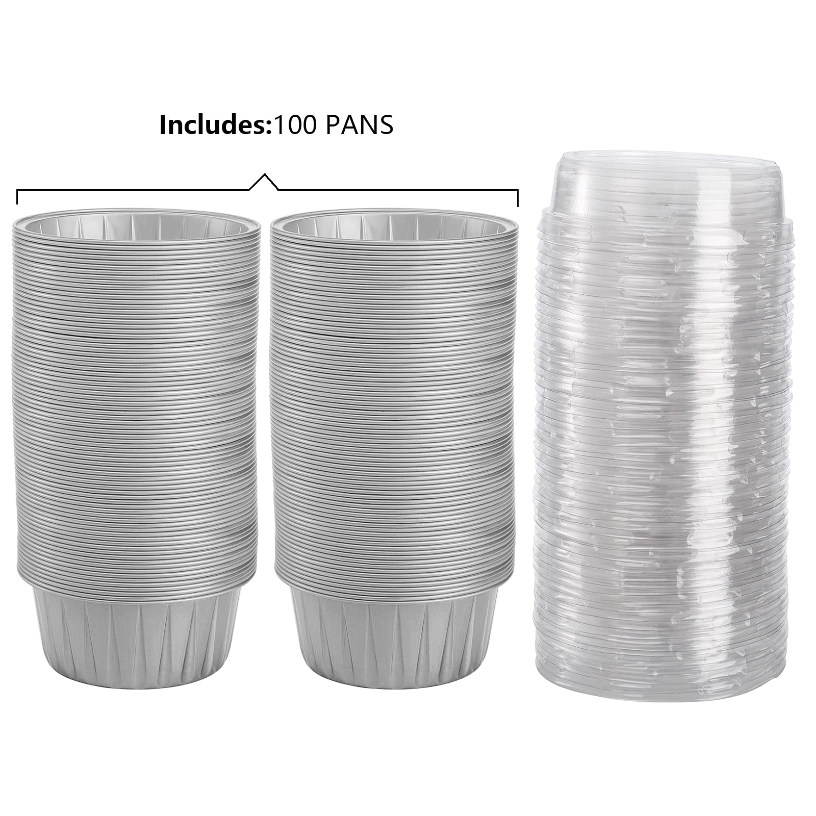 DEAYOU Paquete de 100 tazas de papel de aluminio para magdalenas, 5 onzas desechables para hornear magdalenas con tapa, boda, color plateado