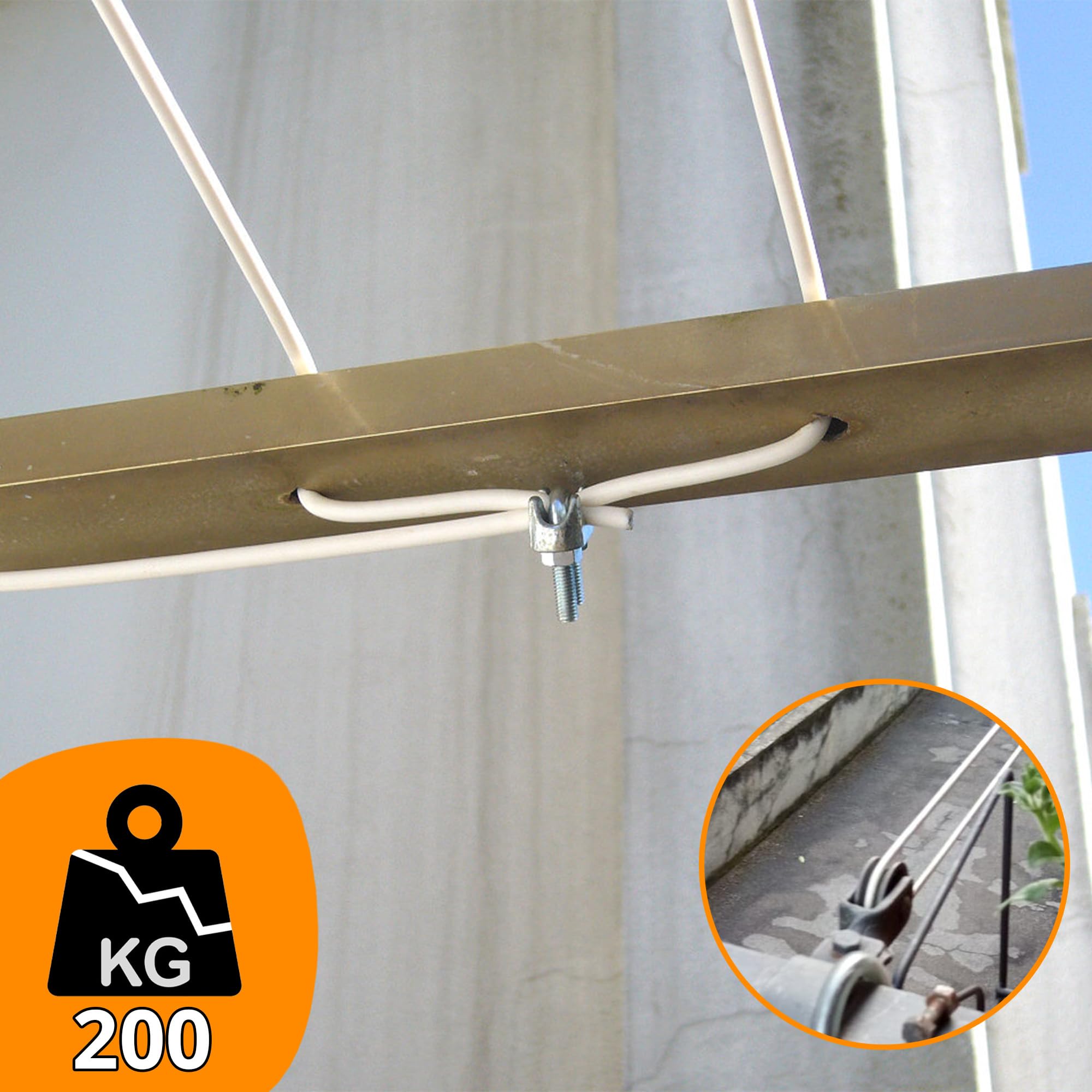 Sicignano | Cable blanco para tendedero, 20 m, Ø 5 mm, para exteriores, carga hasta 200 kg, fabricado en Italia, maleable, reciclable, fácil de cortar, cable tendedero (blanco con kit)