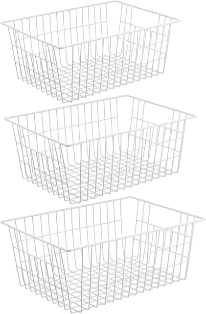 iPEGTOP Metal Wire Stroage Baskets, Large Freezer Refrigerator Organizer Bins, Home Office Shelf Freezer Storage for Bathroom, Pantry, Closets Organization Rack with Handles, 3 Pack, White