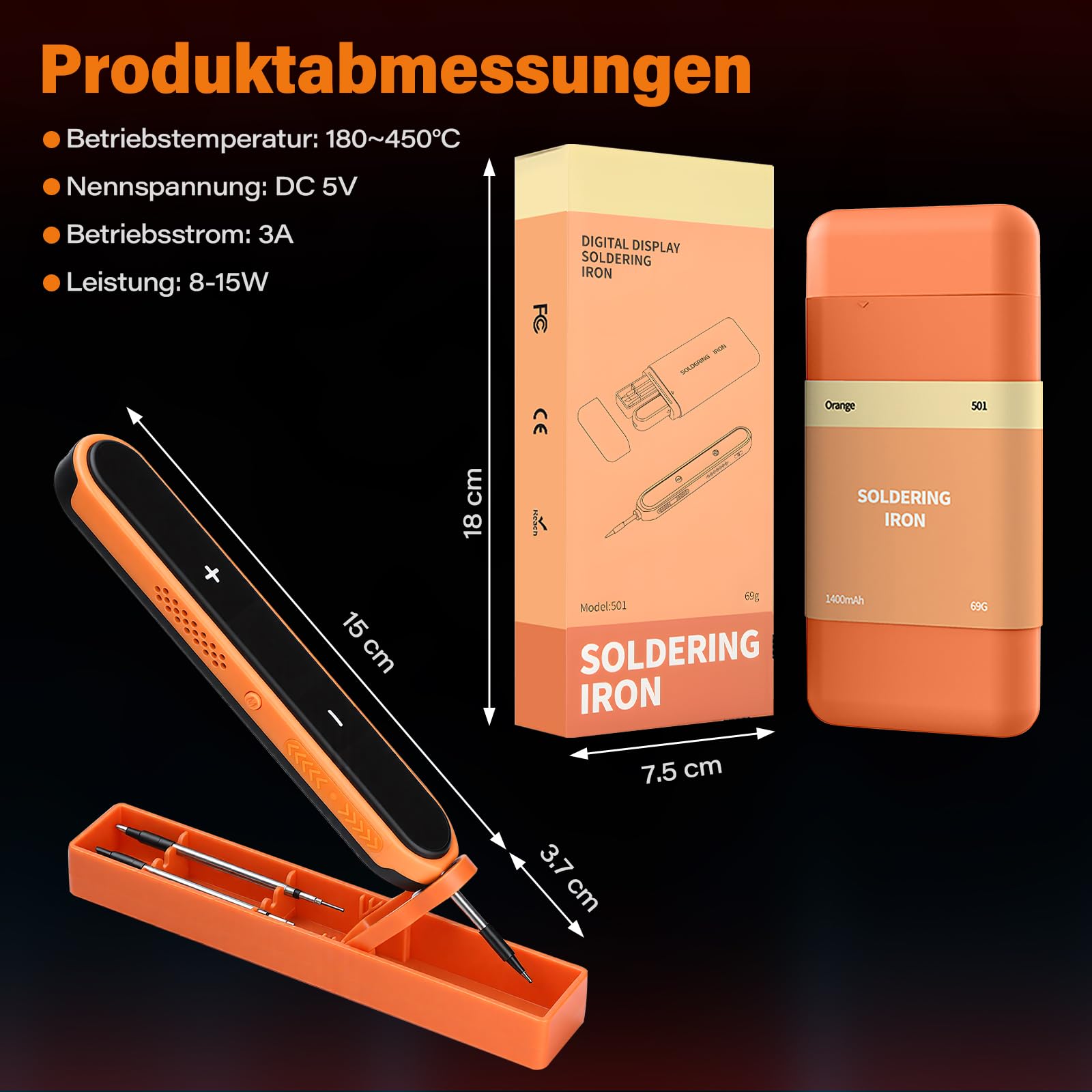 Fer à souder sans fil avec support, écran LCD, température réglable 180-450 °C, 3 pointes de soudure, fer à souder USB pour réparation de circuits imprimés, réparation de soudage - Orange