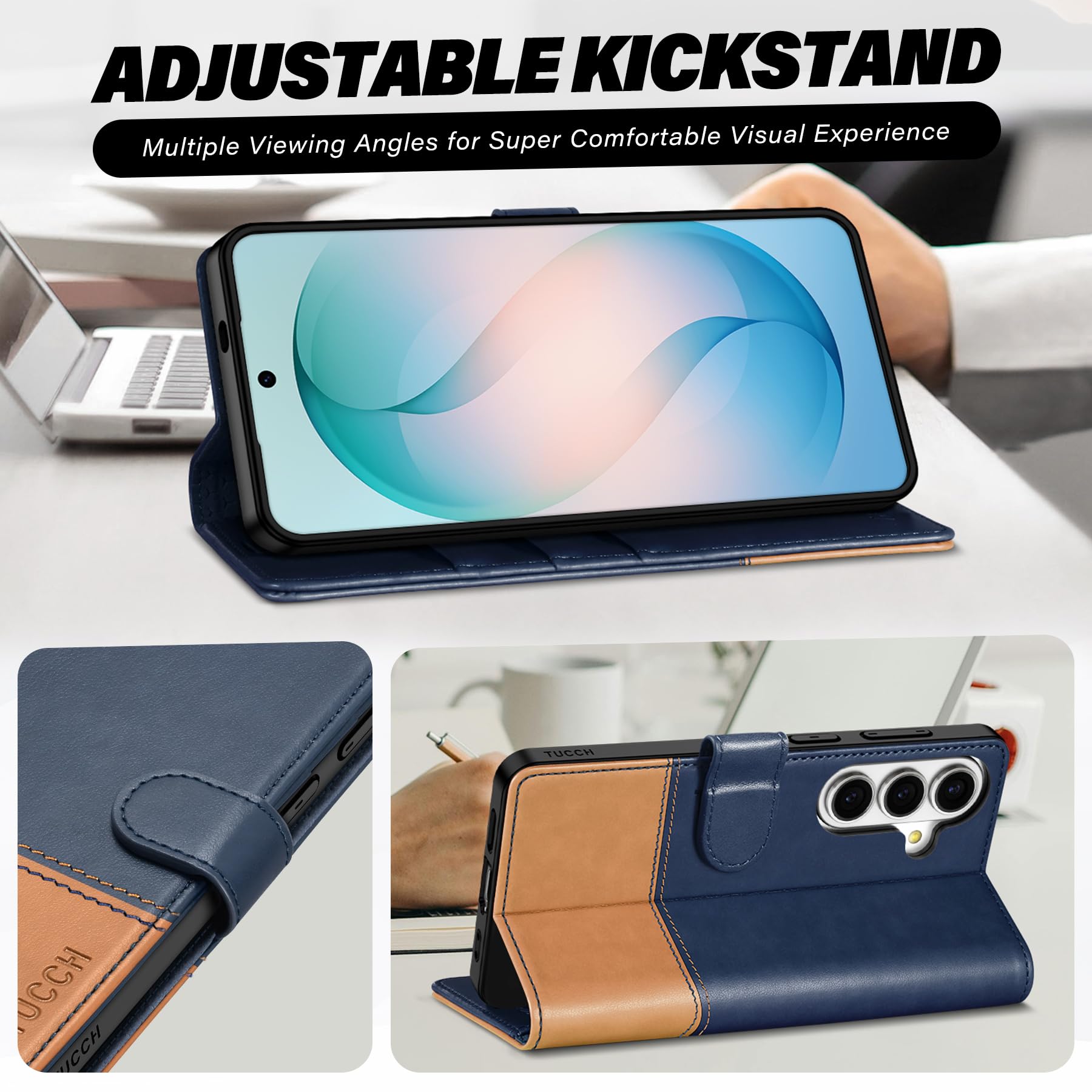TUCCH Funda Cartera para Galaxy S26 5G, Funda Cubierta Cuero PU con Bloqueo RFID, Protección contra Caída, Ranura para Tarjeta, Carcasa Magnética Compatible con Galaxy S26 (6,3" 2026), Azul & Marrón