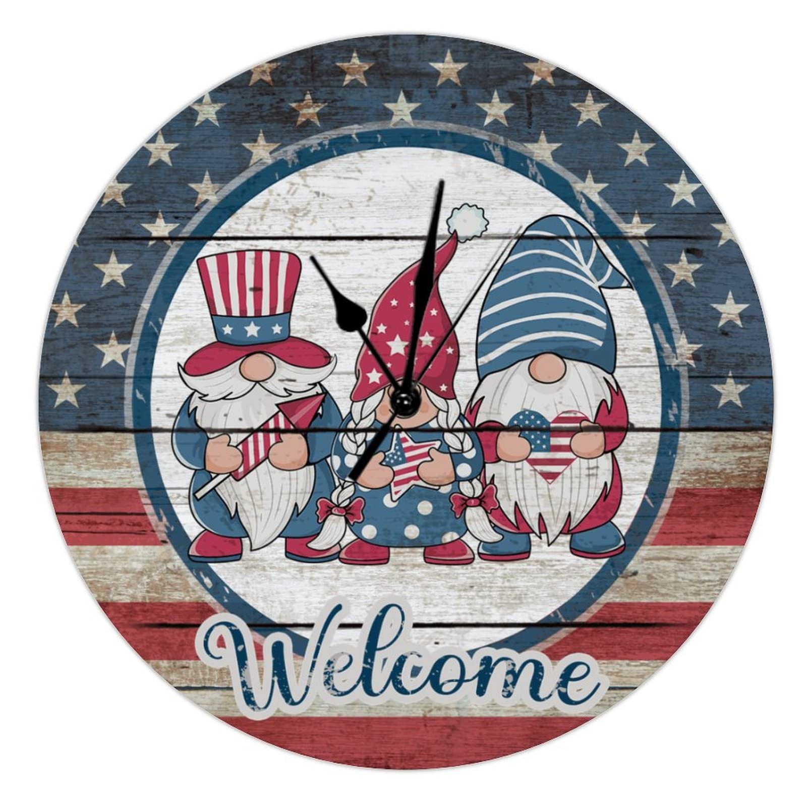 Horloge murale en bois 4 juillet motif nain de bienvenue de 38cm pour salon et cuisine