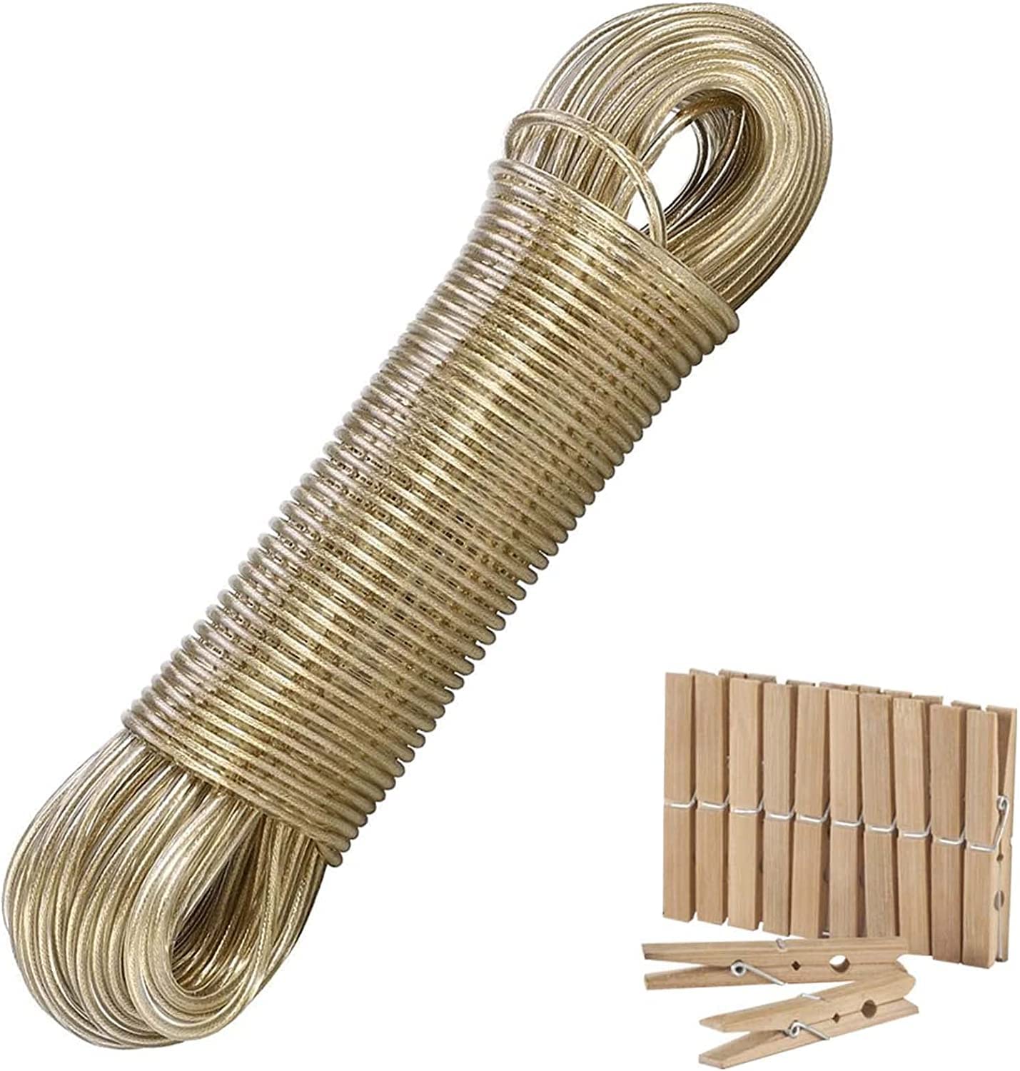 20m PVC Coated Clothesline Rope, Multipurpose Washing Line Rope, Cloth Hanging Wire, Steel Laundry Wire, Portable Clothes Line Rope with 10 Cloth Clip