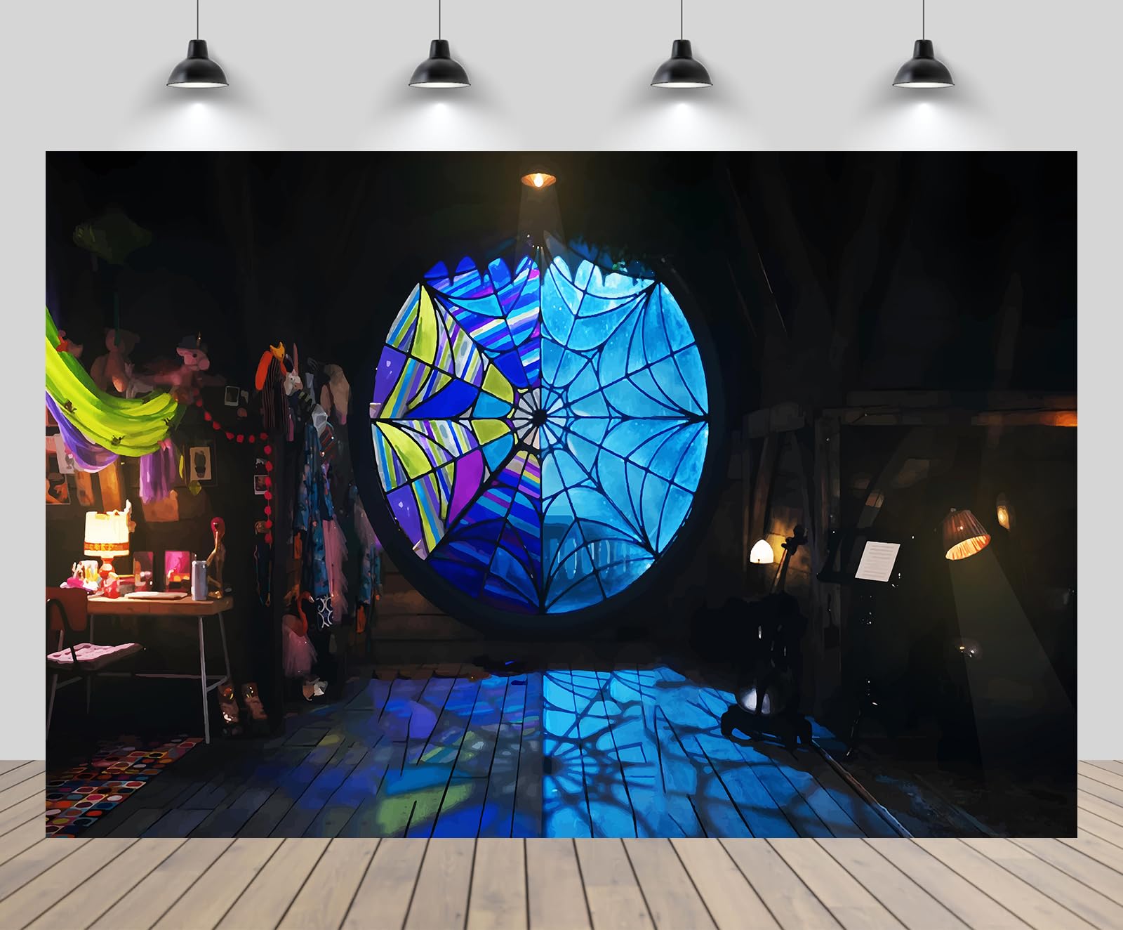 12x10ft Spider Wed Windows Backdrop Gothic Wednesday's Room Horror Moonlight Wooden Floor Night Background Kids Happy Birthday Wednesday Wedding Party Decoration Photo Booth Studio Props