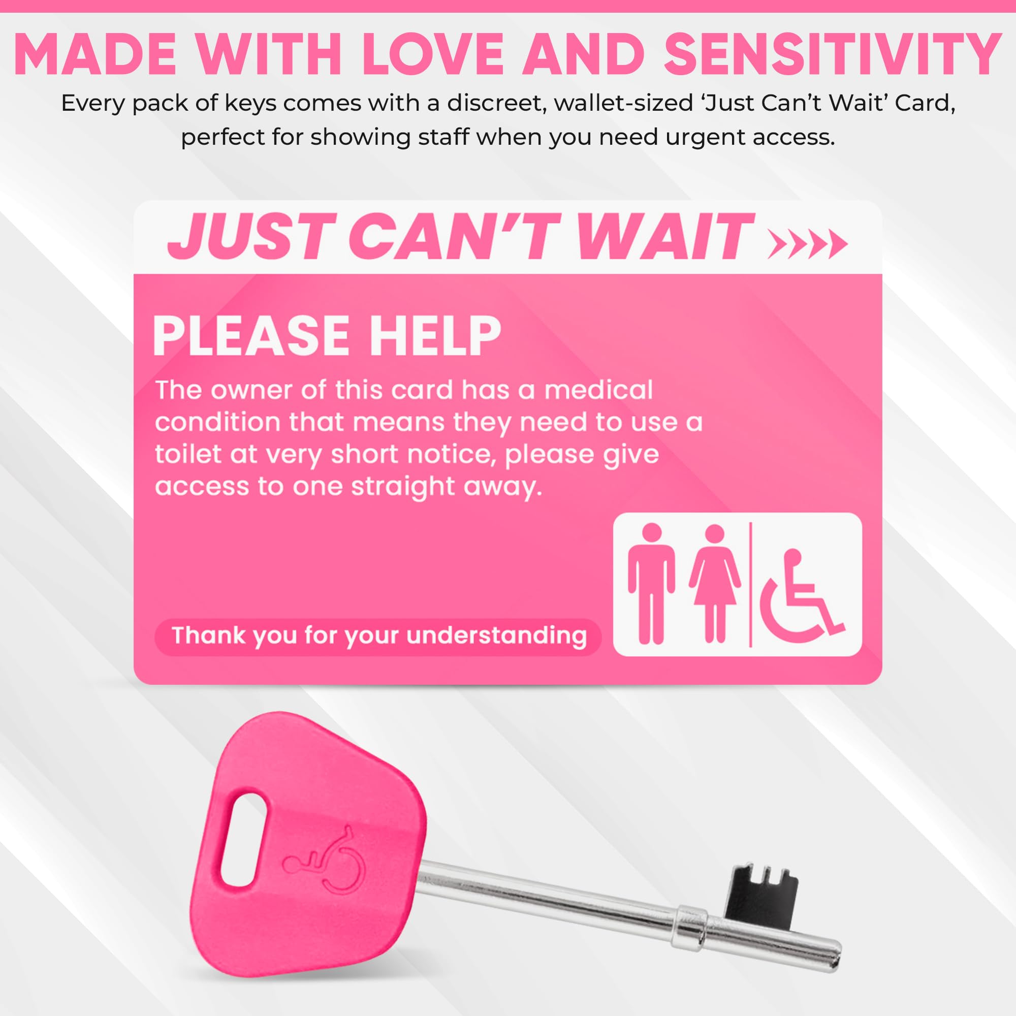 3PK Radar Key for Disabled Toilets UK - 4 Colours - Disabled Toilet Keys with 'Just Can't Wait' Card RubiGo (Pink) - Image 3