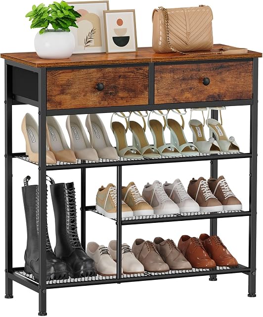Snughome Raquette de chaussures, 4 Organisateur de rangement de chaussures de niveau avec 2 Tiroirs, étagères de rangement de chaussures avec plateau en bois robuste et étagère en métal, rack de chaussures debout gratuit pour le placard d'entrée
