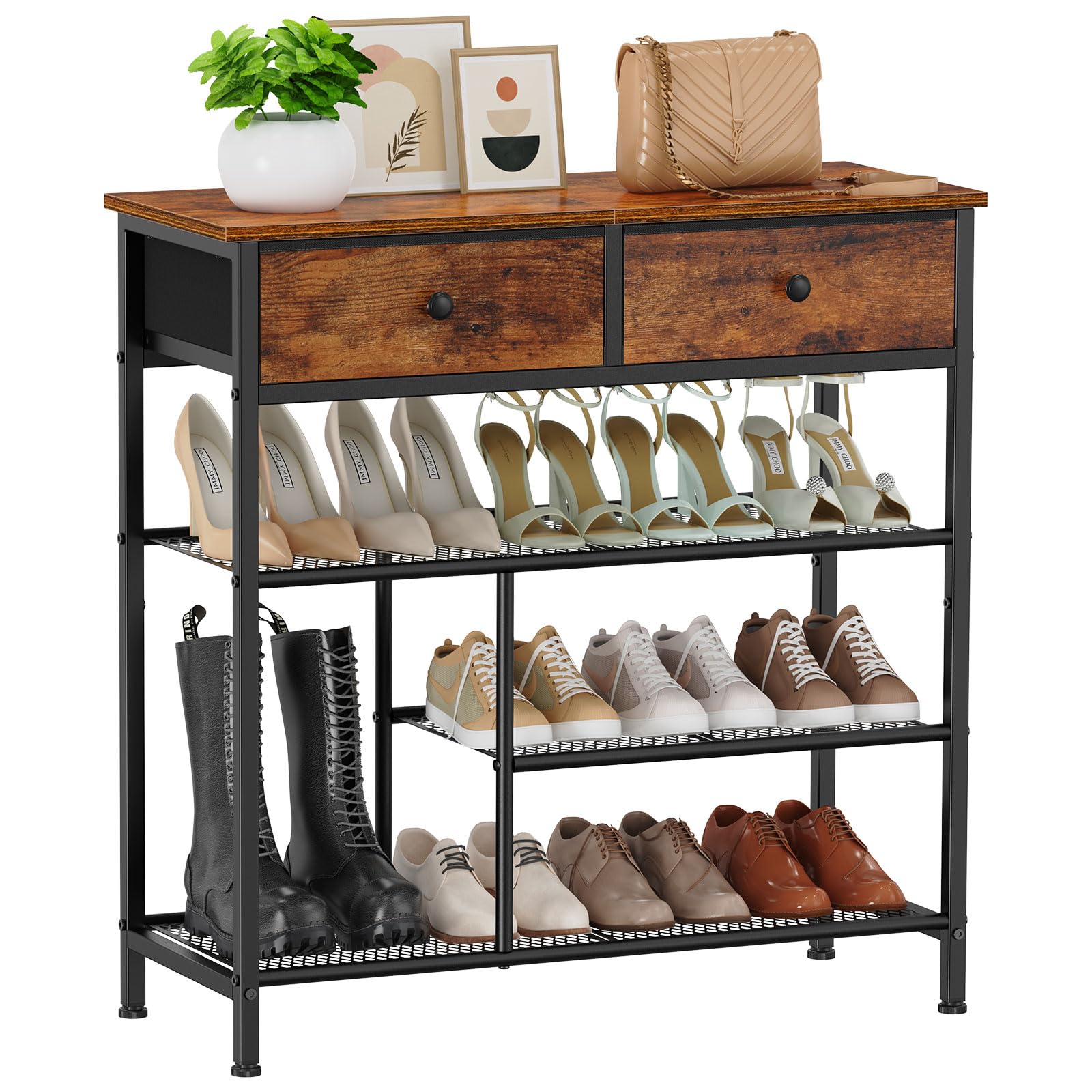 SnughomeShoe Rack, 4 Tier Shoe Storage Organizer with 2 Drawers, Shoe Storage Shelves with Sturdy Wooden Top and Metal Shelves, Free Standing Shoe Rack for Entryway Closet