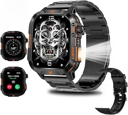QTLLBT Reloj inteligente militar, contestarhacer llamadas, linterna LED, barómetro, brújula, 2.01HD, IP68 resistente al agua, reloj táctico para