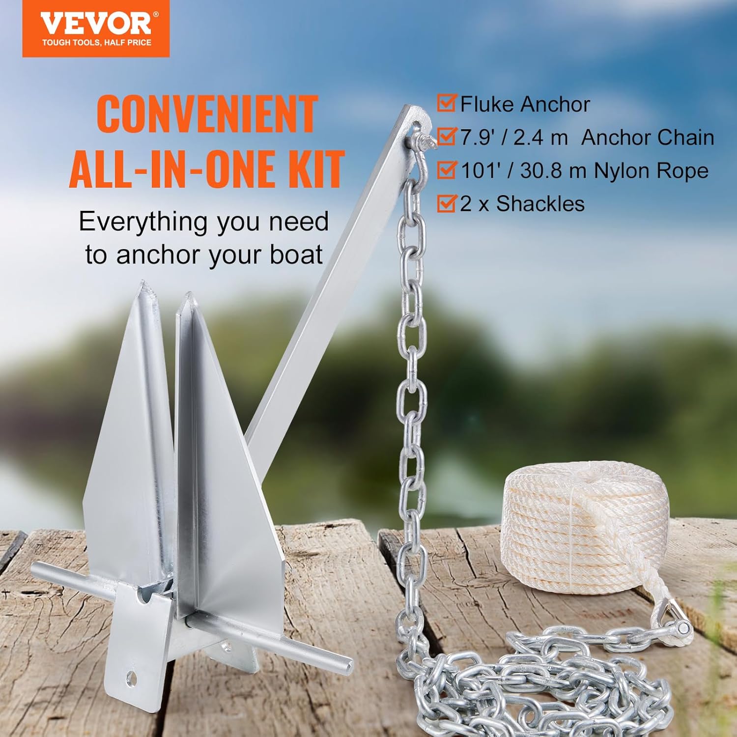 VEVOR Fluke Style Anchor Kit,Hot-Dipped Galvanized Steel Fluke Anchor with 7.9' Chain