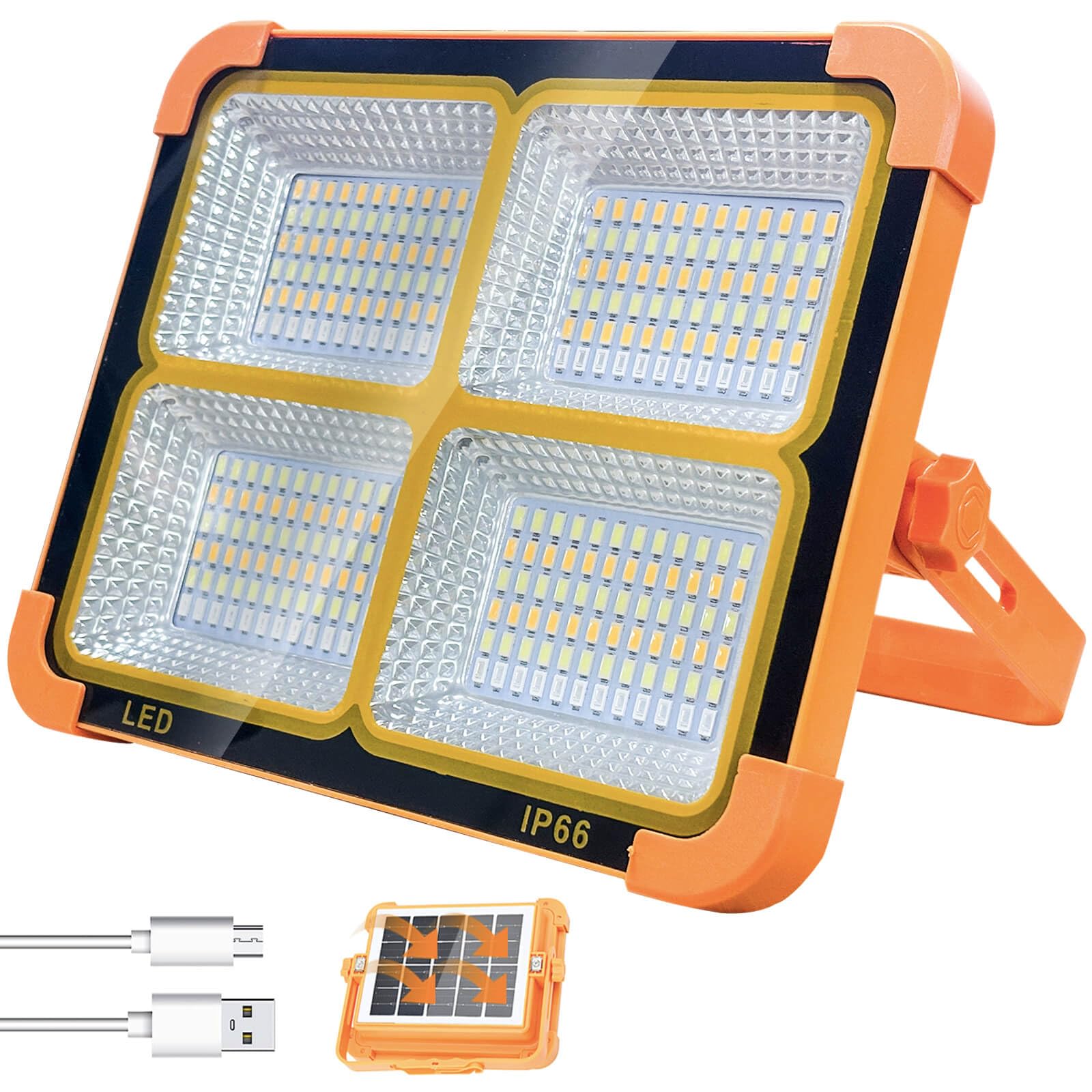 ZQX Foco LED Recargable, Foco de Trabajo LED 100W Exterior Solar, 12000mAh USB recargable 5 modos de iluminación IP66 resistente al agua Foco LED para Obras, Camping, Emergencias, Taller - Naranja