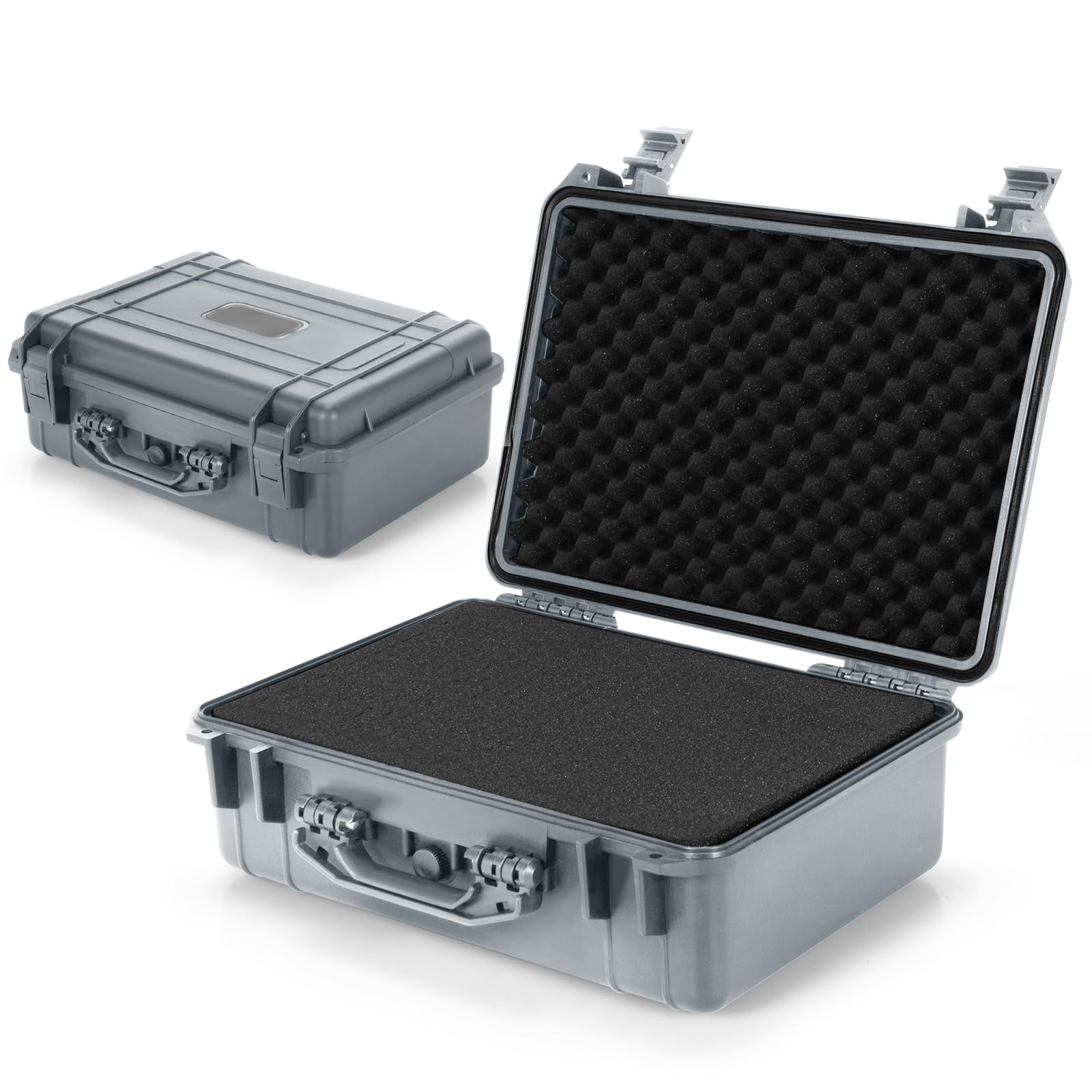 TANGZON Waterproof Protective Hard Case, Shockproof Camera Case with Customizable Foam Insert and Dual Padlock Holes, Flight Case Tool Box for Pistol, Drone & Equipment (Grey, 45 x 34 x 18cm)