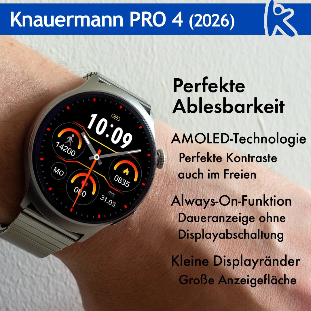 Knauermann Pro 4 ECG Healthy Watch - Reloj Inteligente con función telefónica – Reloj Inteligente Plateado – Pulso presión Arterial oxígeno en Sangre HRV – Análisis del sueño – para Hombre y Mujer