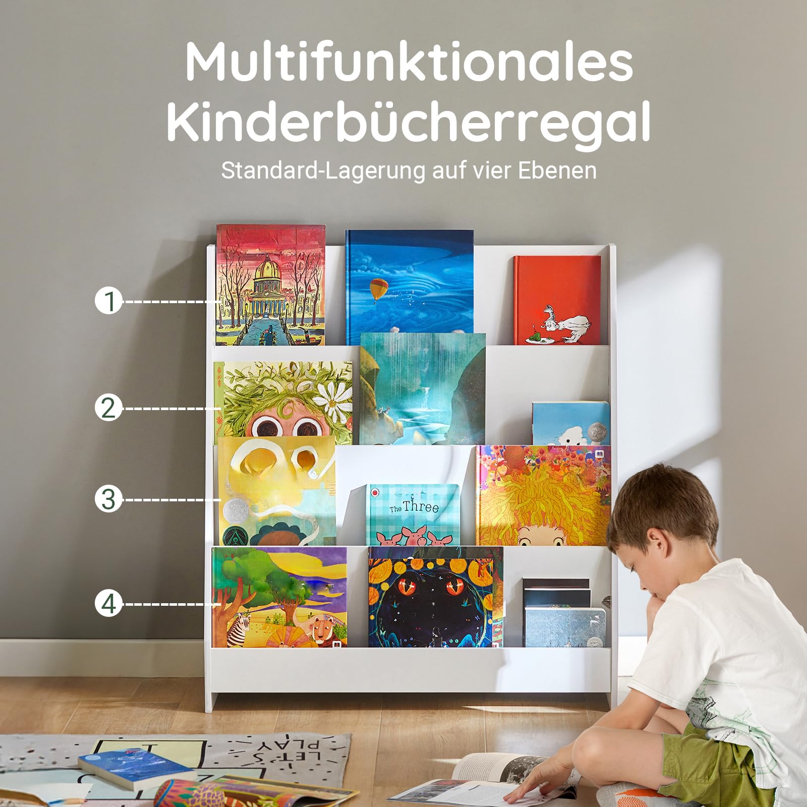 SoBuy Bücherregal Kinder Montessori Kinderregal mit 4 Ablagefächern Regal Kinderzimmer Spielzeug Aufbewahrung Büchergestell Hängefächerregal Weiß 80x88x30cm KMB32-W