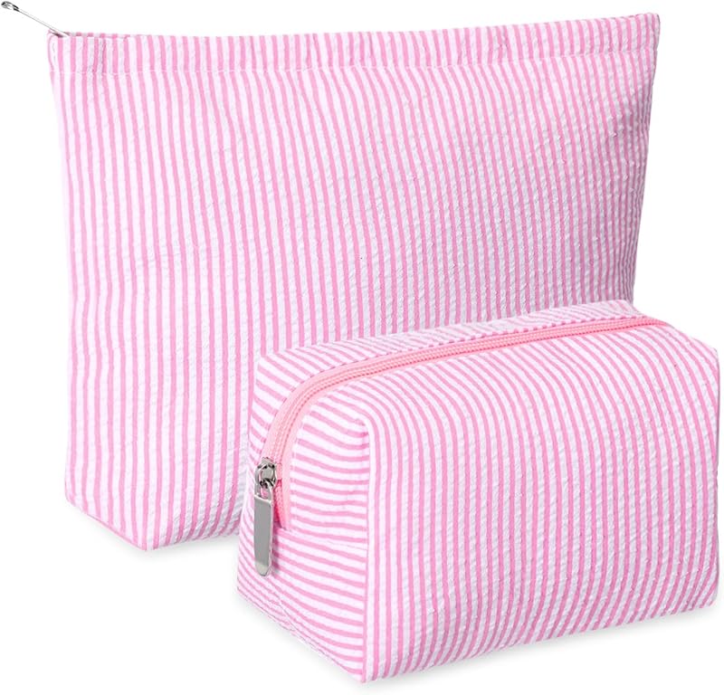 Huhumy Kit com 2 Necessaires de Maquiagem Rosa com Listras Finas